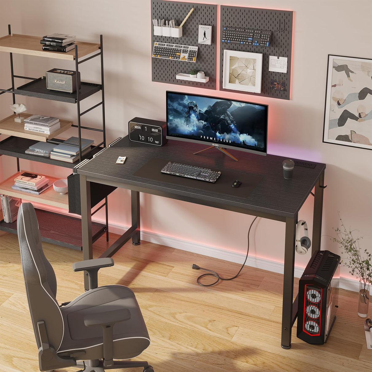 Lufeiya Gaming Desk with Power Outlet, 47 inch Teen Study Table Home Office Work Writing Computer Desks with Charging Station Outlets Built in, Black Lufeiya