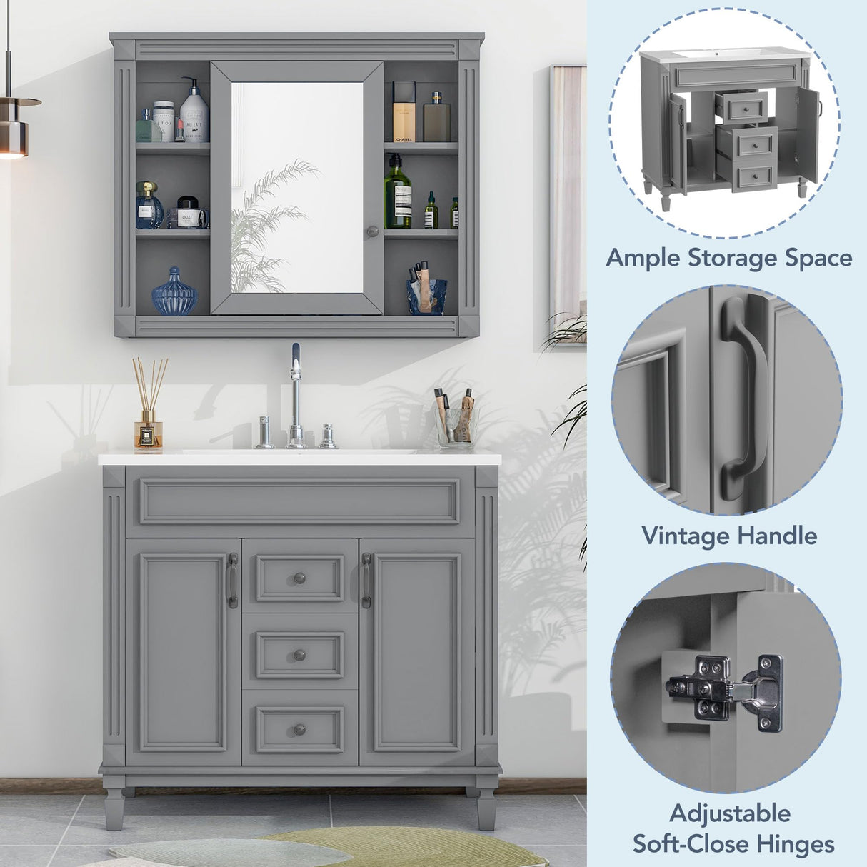 Merax 36” Bathroom Vanity with Sink, Freestanding Single Bathroom Sink Vanity Cabinet Set with 36” Countertop & Integrated Sink, 2 Doors & 2 Drawers (Sink Cabinet Only, Gray) Merax