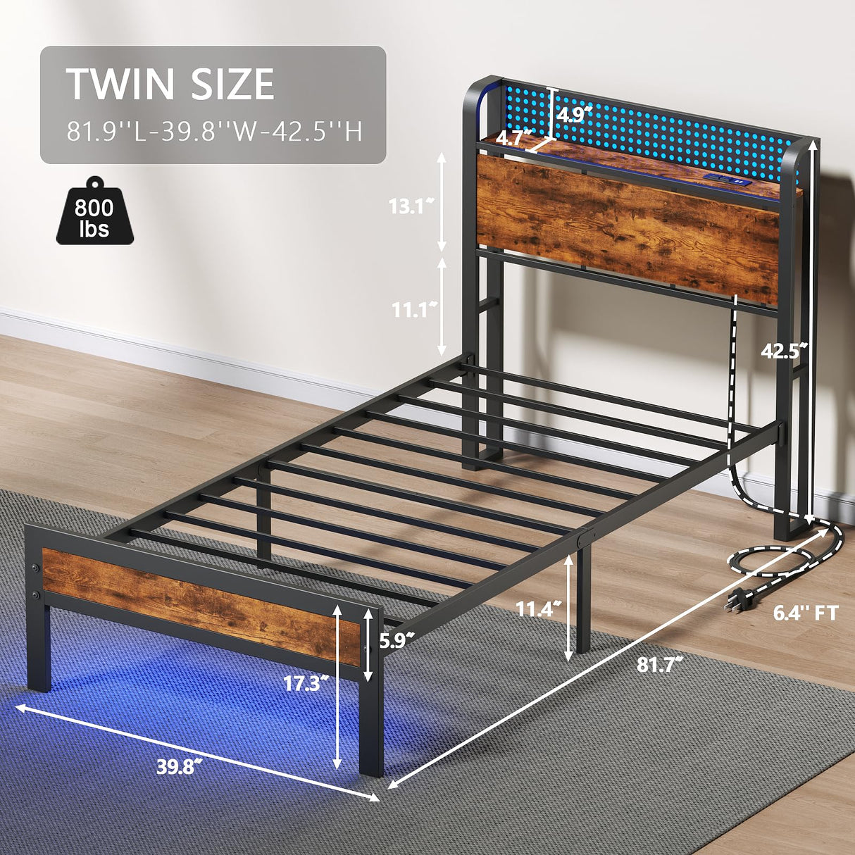 Furnulem Twin Bed Frame with LED Lights, Charging Station, and Under-Bed Storage in Rustic Brown Furnulem