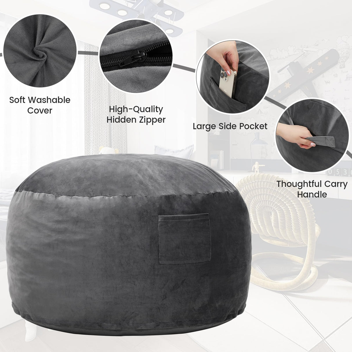 Kromax Large 3.5’ Bean Bag Chair for Kids, Teens, Adults, Memory Foam, Easy to Clean Washable Soft Suede Cover, Reinforced Zipper, Perfect for Living Room, Den, Bedroom, or Dorm, Dark Grey Kromax