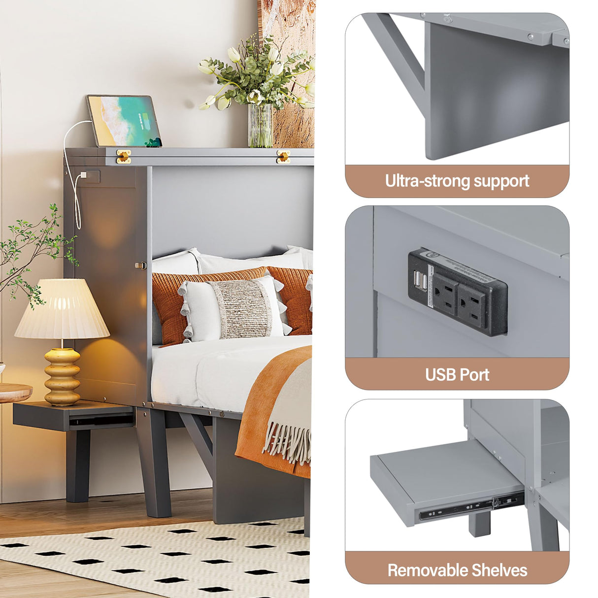 Merax Full Size Murphy Bed with USB Port and Removable Shelves on Each Side, Grey Merax