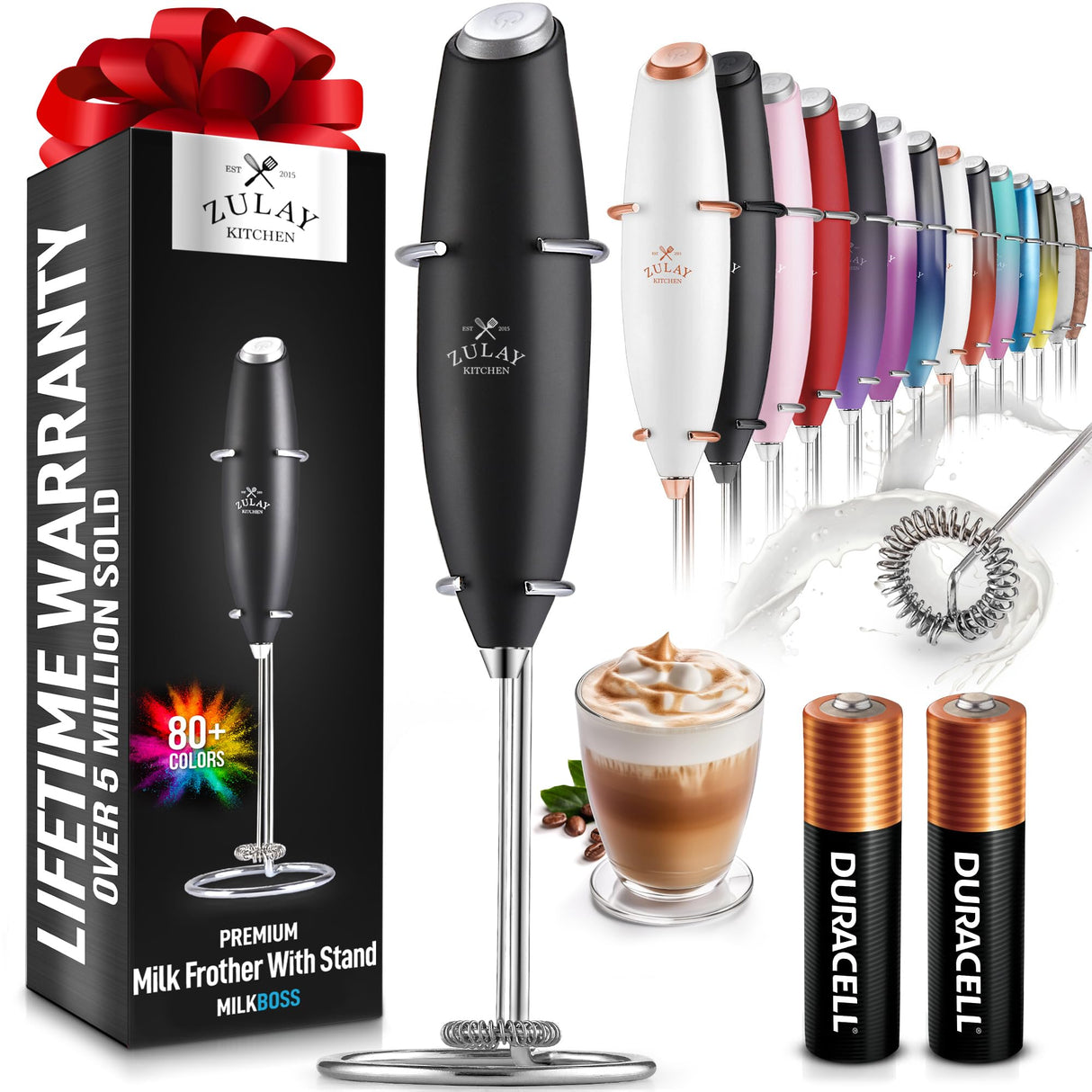 Zulay Kitchen Powerful Milk Frother Wand With 2 Duracell Batteries - Ultra Fast Handheld Drink Mixer - Electric Whisk Foam Maker for Coffee, Lattes, Cappuccino, Matcha, Hot Chocolate & Creamer - Black Zulay Kitchen
