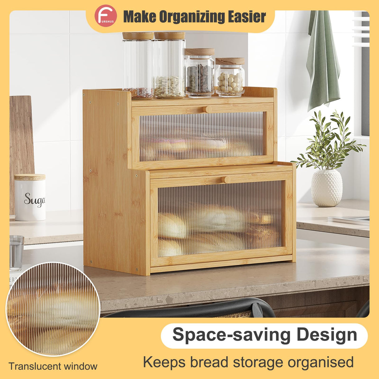 Furshus Double Layer Bamboo Bread Box for Kitchen Counter, Countertop Bread Storage Container, Bread Container Bread Storage with Window Bread Holder (Natural) Furshus