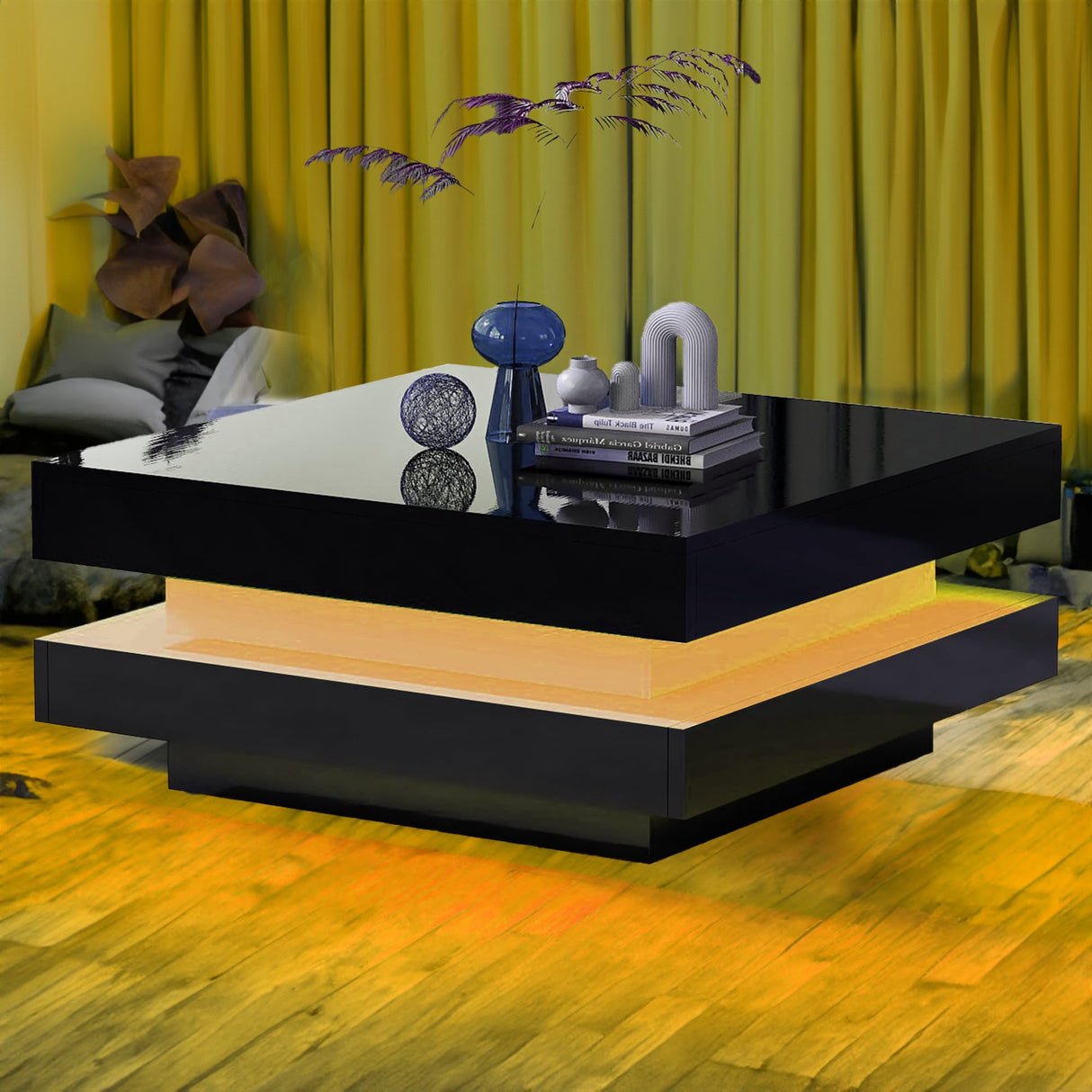 LED Coffee Table for Living Room, 2-Tier Modern Middle Center Table, Coffee Table with 16-Color Plug-in LED Light, Cocktail Tea Table for Home Office Reception Room, Black realglow