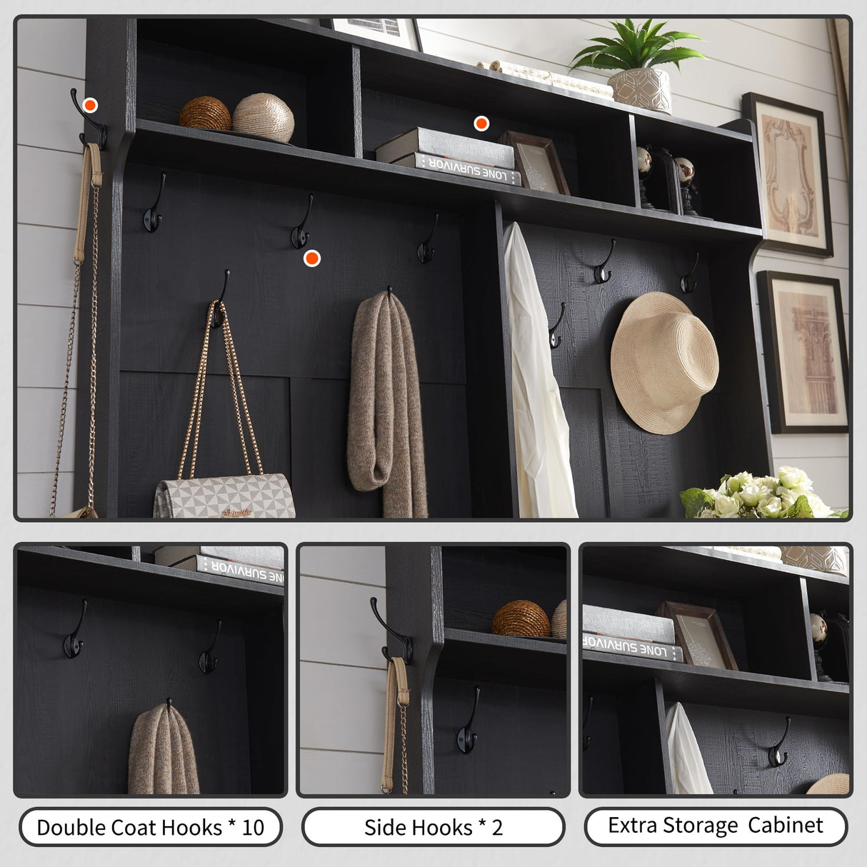 JXQTLINGMU Farmhouse Entryway Hutch with Coat Rack, 20 Shoe Cubbies & 12 Coat Hooks Wide Hall Tree with Shoe Storage Bench, Mudroom Storage Cabinet (Black) JXQTLINGMU