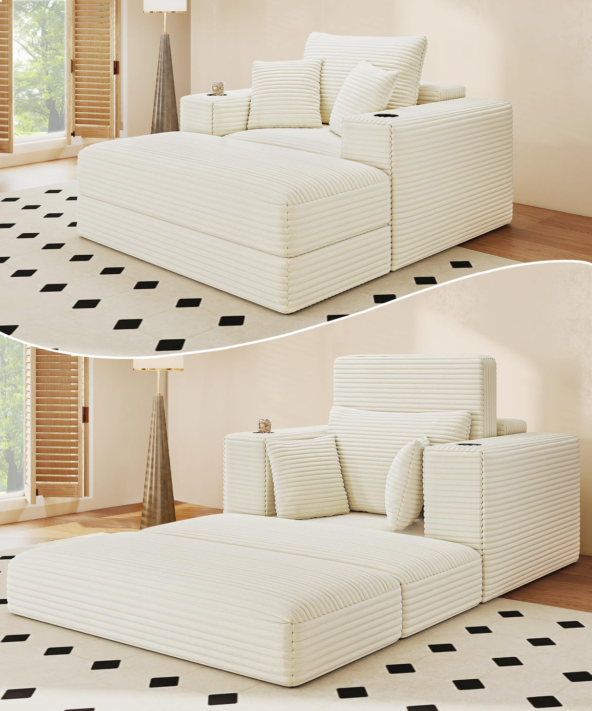 Busaurus 62" Oversized Chaise Lounge Chair Indoor, Fluffy Corduroy Upholstered Boneless Couch, Convertible Sleeper Sofa Bed & Reading Chair, Cloud Sofa Couches for Living Room, No Assembly, Beige Busaurus