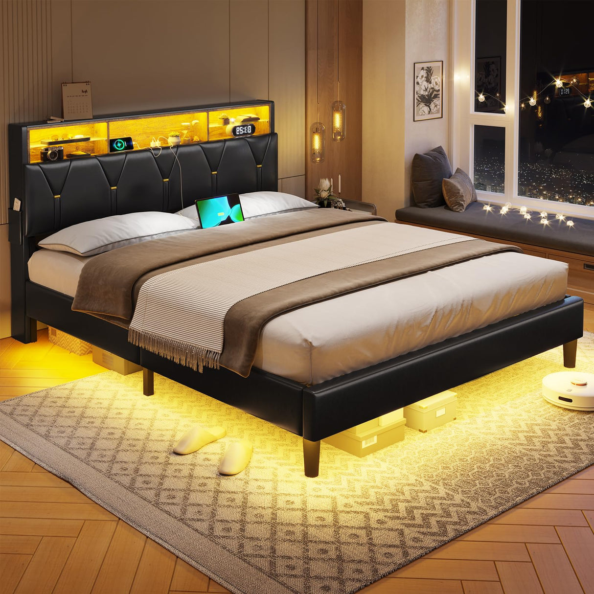 BTHFST Full Size LED Bed Frame with Charging Station & Stylish Storage Headboard in Black PU BTHFST