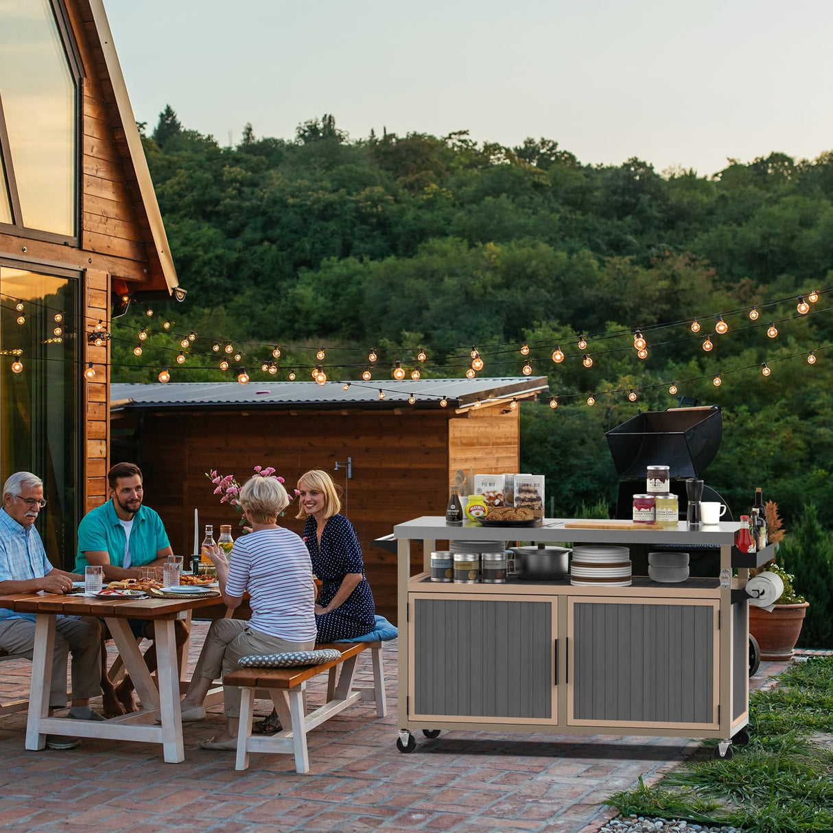 Skyflame Outdoor BBQ Storage Cabinet with Wheels, XL Stainless Steel Tabletop Grill Cart for Food Prep, Portable Kitchen Island Grilling Accessory for Patio, Backyard, Home Party, Bar Skyflame