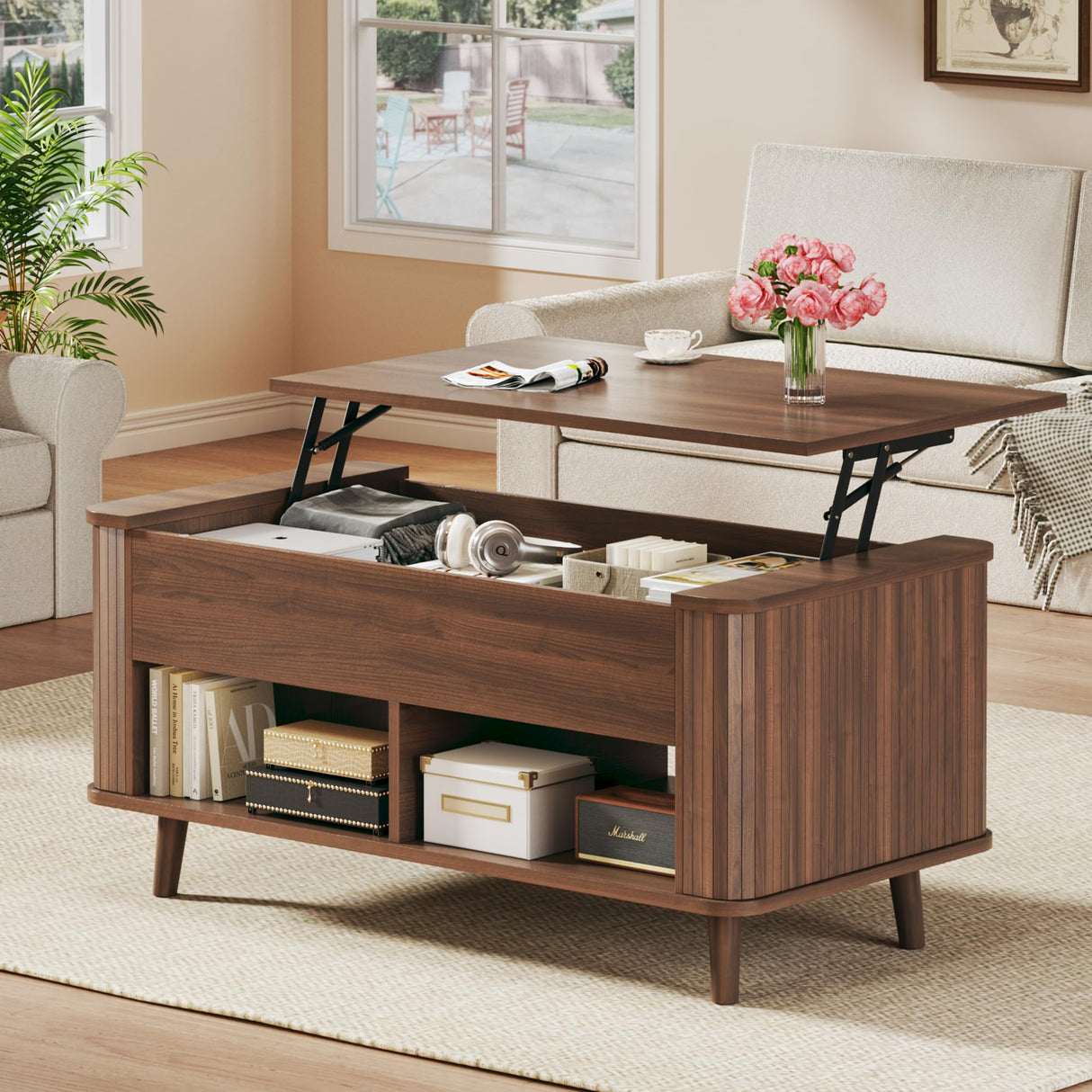 Lift Top Coffee Table with Storage, 41" Mid Century Modern Coffee Table with Fluted & Curved Profile Design, Hidden Storage Compartment, Lower Shelf Center Table for Living Room Office, Walnut HUAHUU