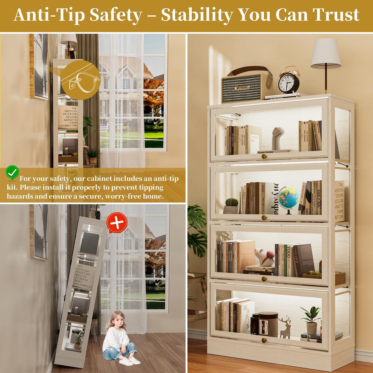 Boniture Display Cabinet with Acrylic Glass Doors,4-Tiers Curio Cabinet with LED Lighting for Collectibles, Collectibles Toy Organizers Rack & Display Shelf Display Case Storage Cabinet, Antique White BONITURE