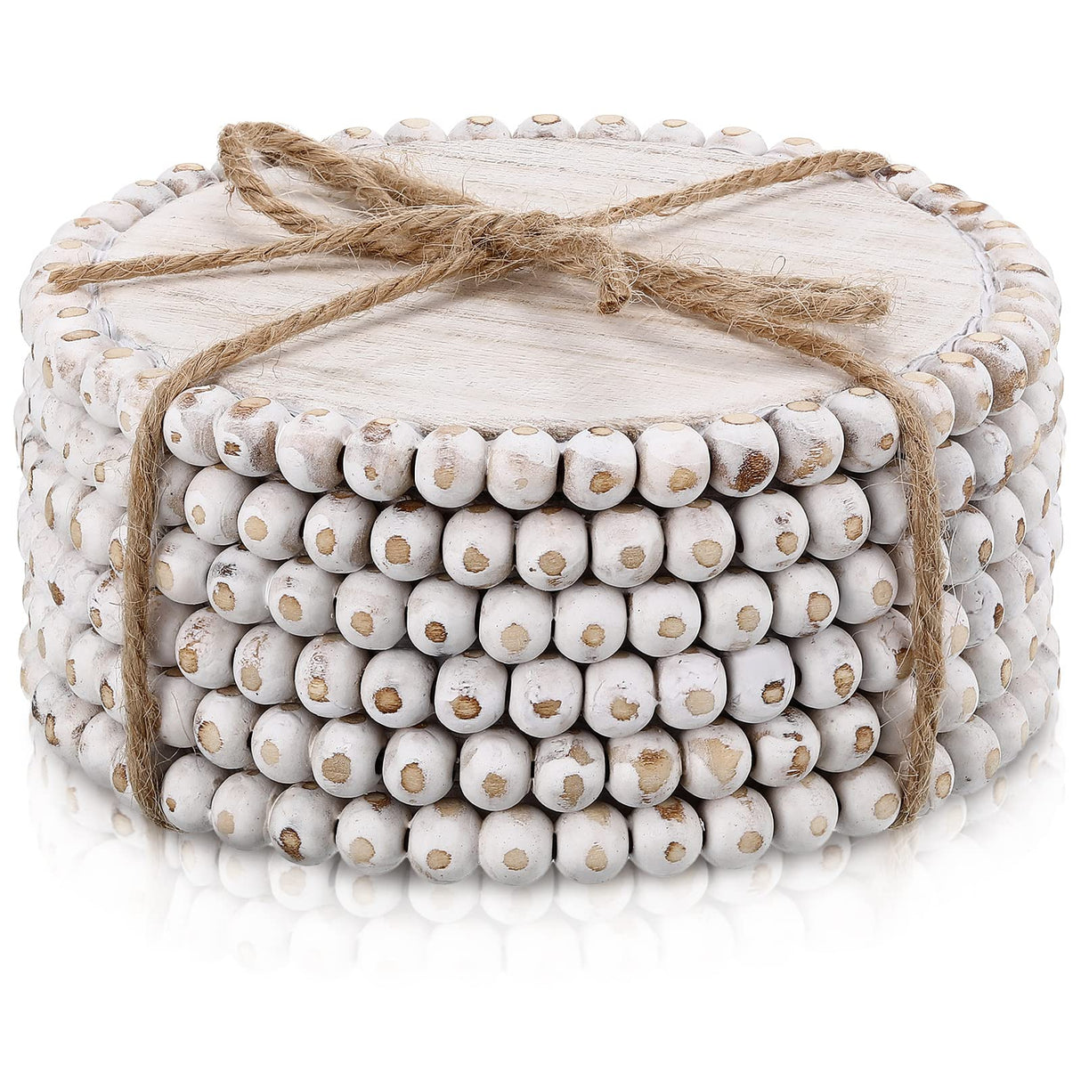 6 Pcs Beaded Wood Coasters Sets 3.94 Inches Round Beaded Coasters Farmhouse Coasters Home Wood Coasters for Drinks Bar Coasters Table Top Coasters for Home Kitchen Table Housewarming (White) Honeydak