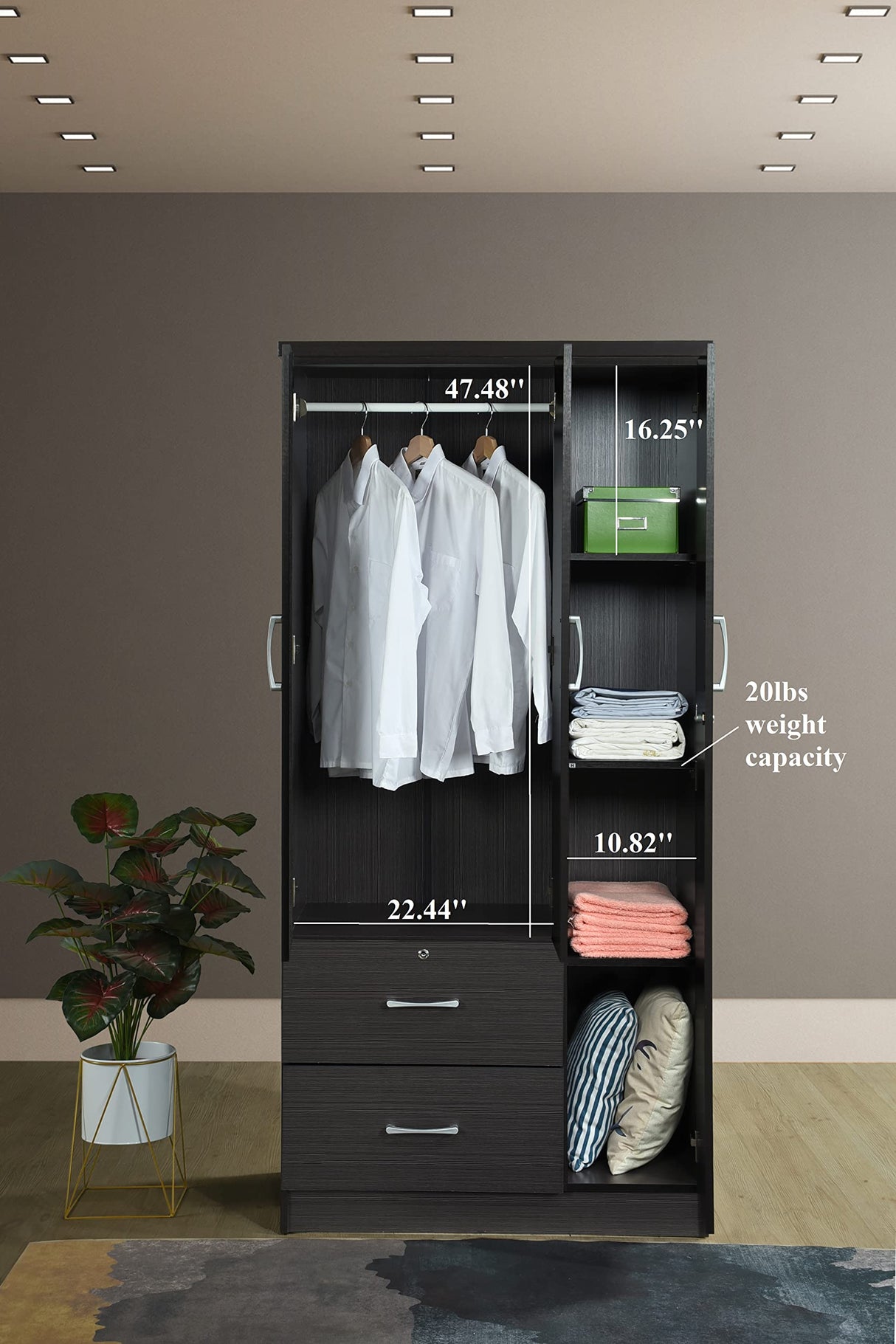 Hodedah 3-Door 2-Drawers, 3-Shelves in Chocolate Bedroom Armoires, 21"D x 36"W x 72"H Hodedah