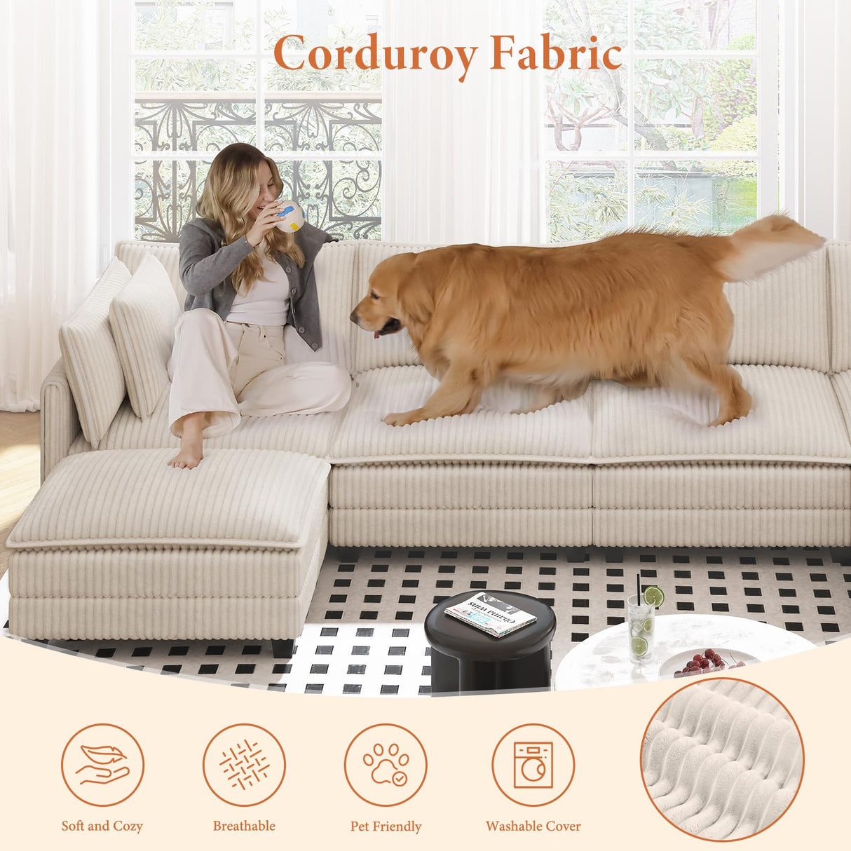 Vesgantti 109" U Shaped Cloud Sectional Sofa, Comfy Corduroy Upholstered Sectional Modular Sofas for Living Room, Modern Modular Couch with 2 Ottoman Deep Seat, Beige Vesgantti