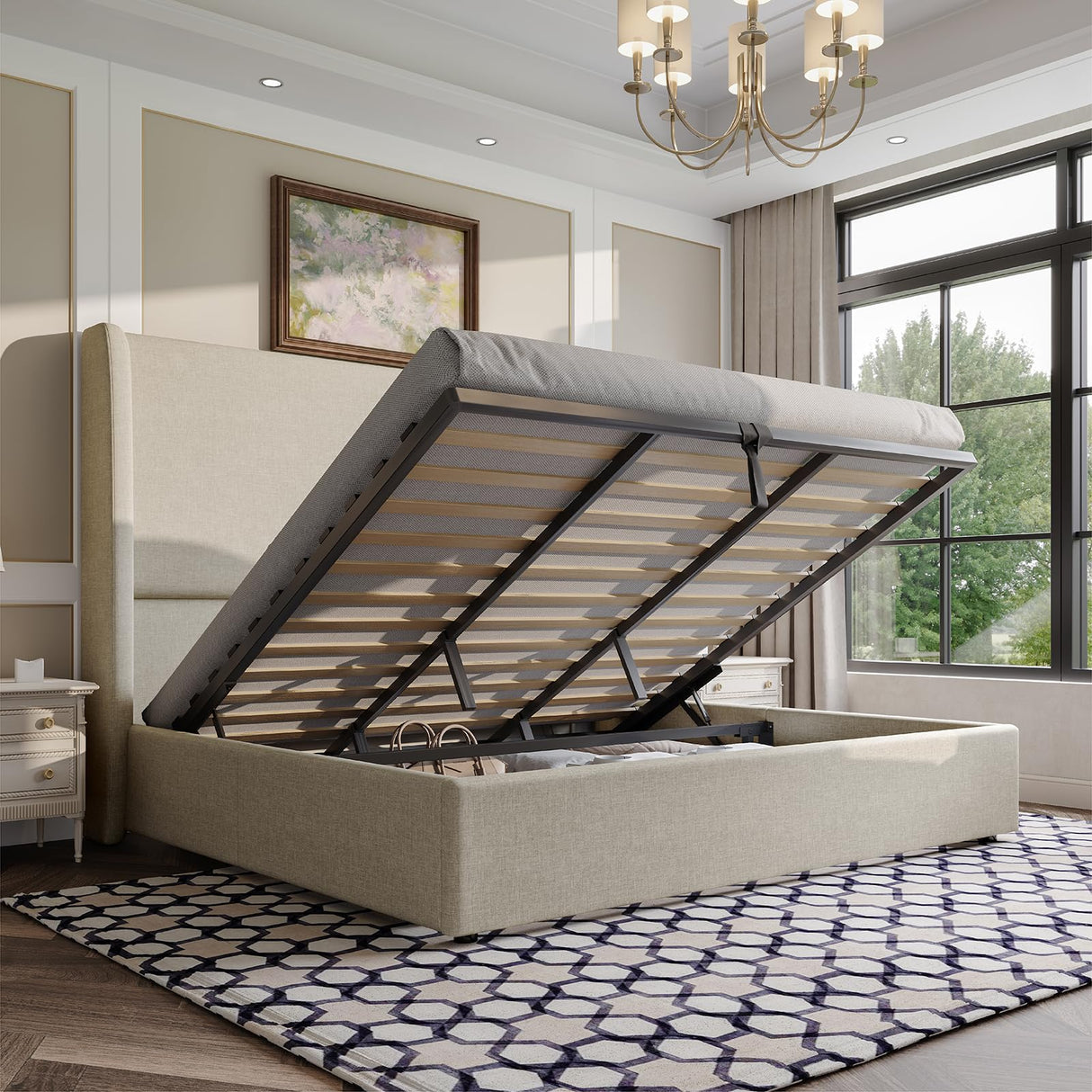 AMERLIFE Lift Up Storage Bed King Size Linen Upholstered Platform Bed Frame, Hydraulic Storage,Modern Wingback Headboard, No Box Spring Needed, Khaki AMERLIFE