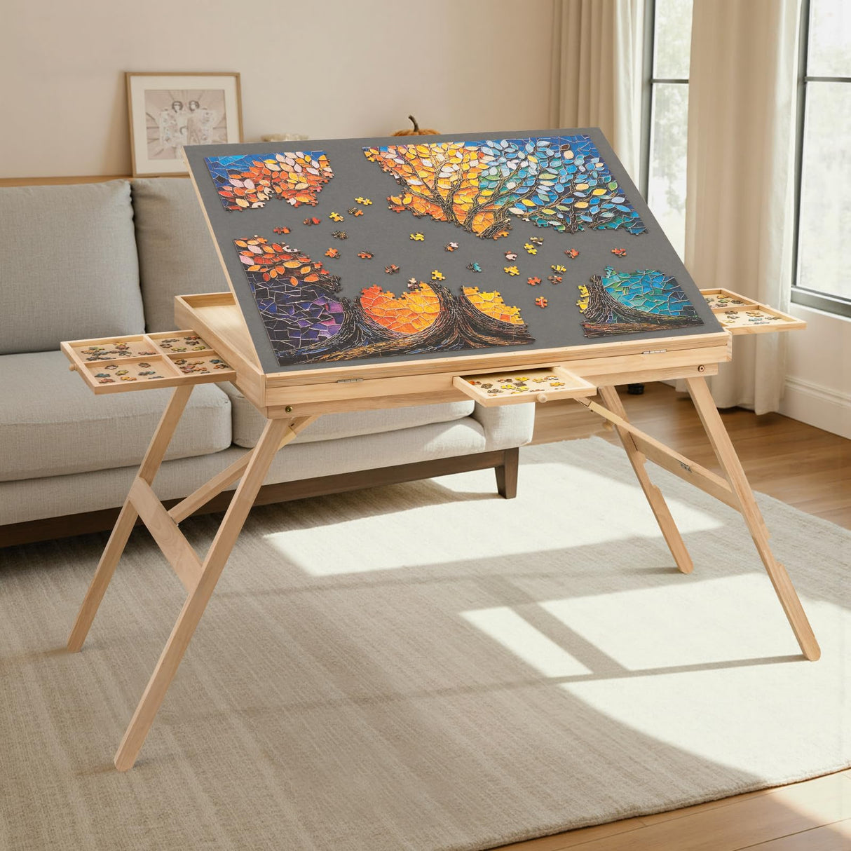 TEAKMAMA Puzzle Table 27.6" Tall 1500 Piece Puzzle Board with Drawers, 34.2" x 26.3" Adjustable 5-Tilting-Angle Jigsaw Table with Legs, Jigsaw Board for Adults, Nature TEAKMAMA