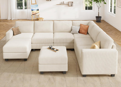 HONBAY Corduroy Sectional Couch with Storage U Shaped Sectional Sofa Modular Sectional Couches for Living Room, Beige