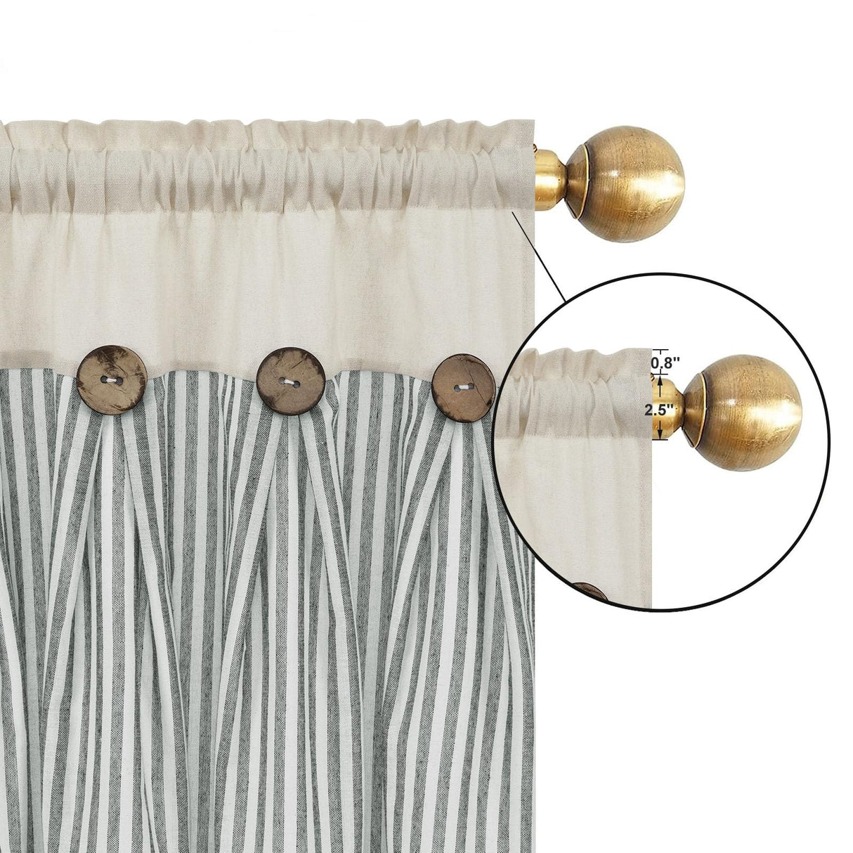 Cotton Linen Farmhouse Kitchen Curtains 36 Inch Boho Rustic Button Tier Curtains Natural/Sage Green Stripe Color Block Curtain Rod Pocket Small Window Curtain for Cafe Bathroom Bedroom Drapes BLEUM CADE