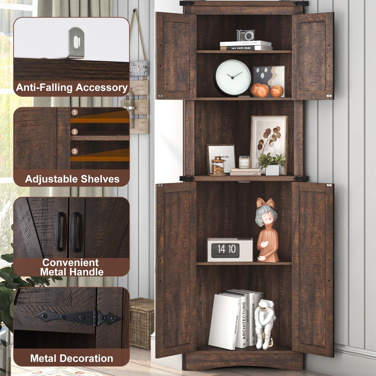 Hlivelood 68" Tall Farmhouse Corner Cabinet, 5-Tier Storage Cabinet with 4 Barn Doors & Adjustable Shelves, Bathroom Cabinet with Storage for Living Room, Kitchen, Bathroom, Brown Hlivelood