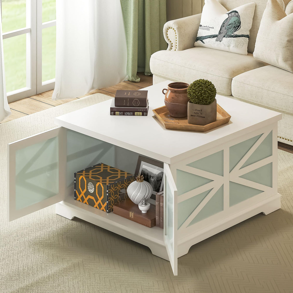 Farmhouse LED Coffee Table for Living Room, Modern Square Coffee Table with Storage, White Coffee Table Decor, Small Wood Coffee Table, Unique Coffee Cabinet for Office, Reception Room yesasin