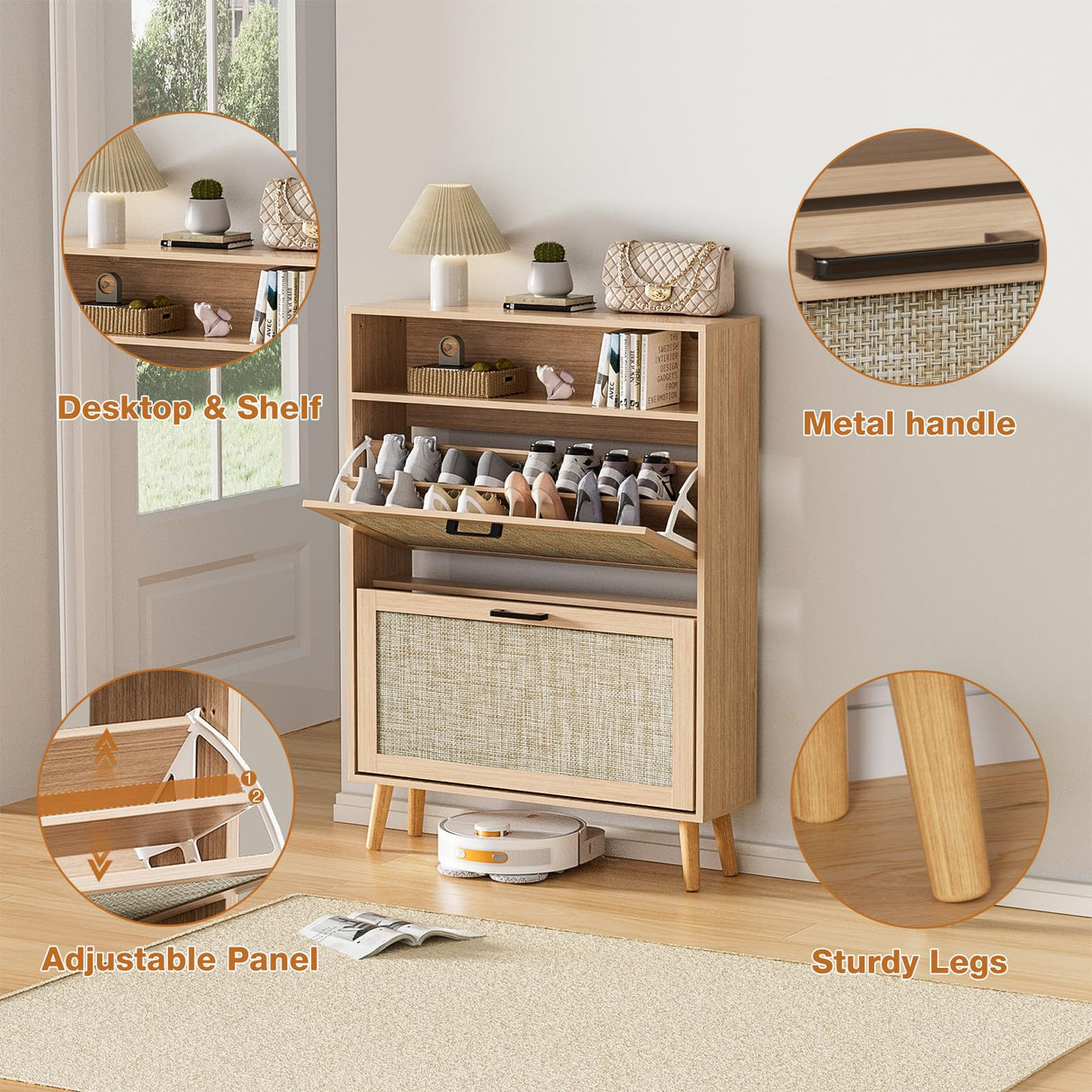 VECHOLL Rattan Shoe Cabinet with 2 Flip Drawers Freestanding Shoe Storage Cabinet for Entryway Slim Hidden Shoe Cabinet with Open Shelf Boho Shoe Rack Cabinet for Hallway, Natural Oak VECHOLL