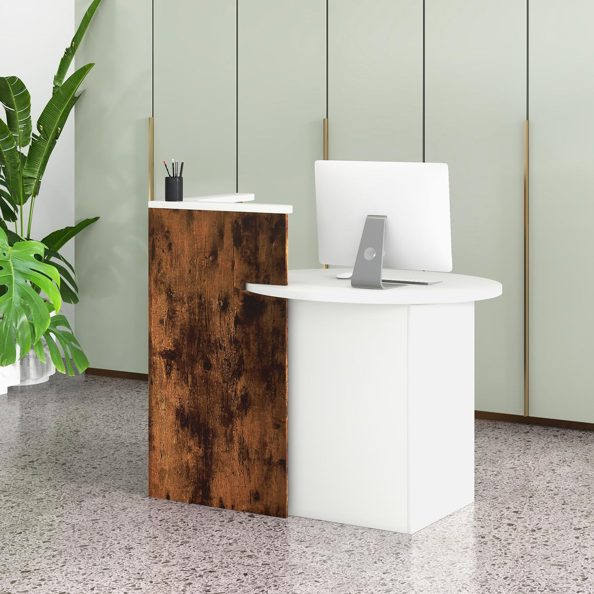 Tangkula Reception Desk, Front Counter Desk with Lockable Drawer & Adjustable Shelf, Oval Desktop, Retail Counter for Checkout, Computer Workstation for Salon Lobby Home Office Tangkula