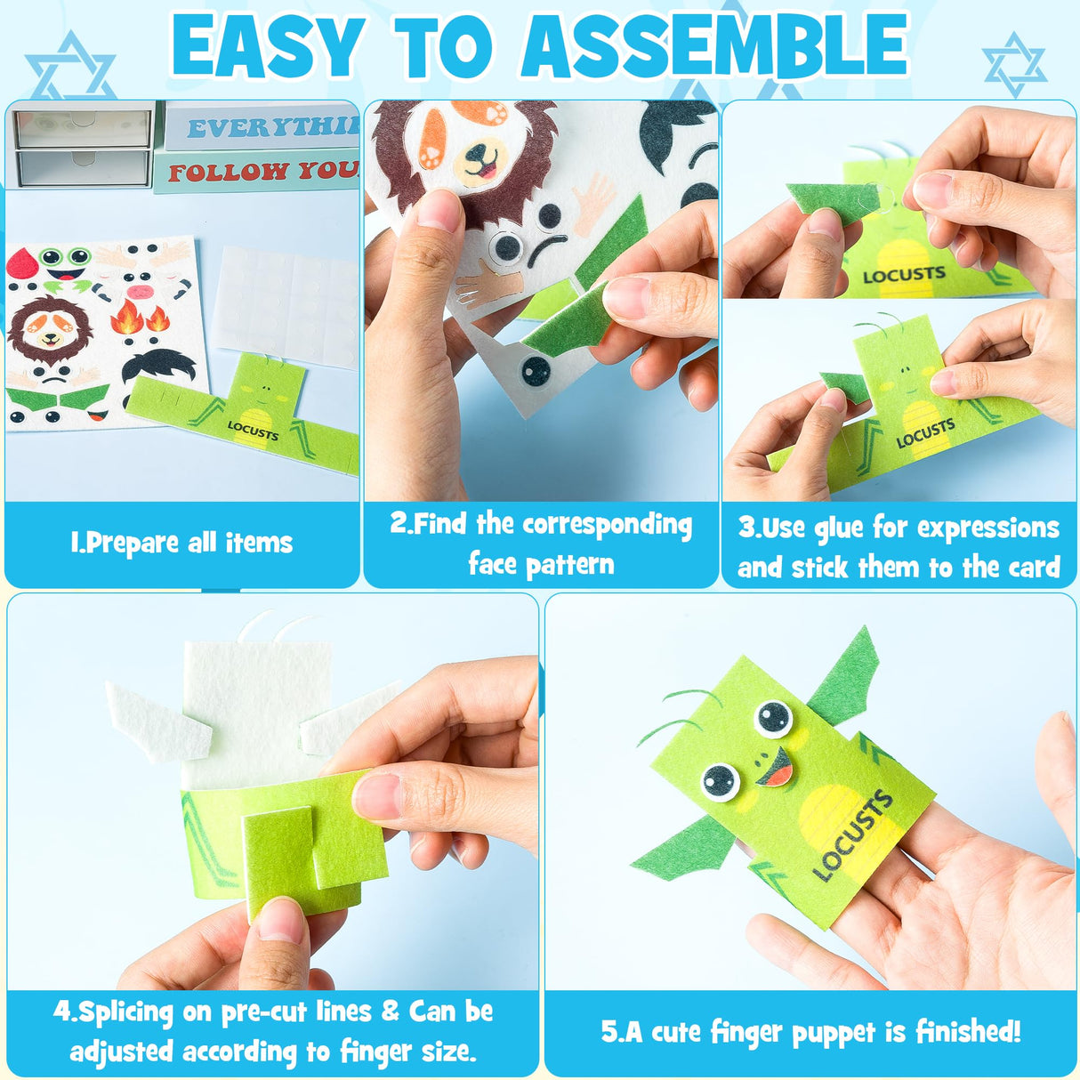 COcnny Passover Plagues Finger Puppets - 30pcs DIY Passover Toy Ten Plague Felt Hand Puppet Making Kit for Kids, Make Your Own Art Crafts Fingers Toys, Story Time Jewish Pesach Seder Supplies COcnny