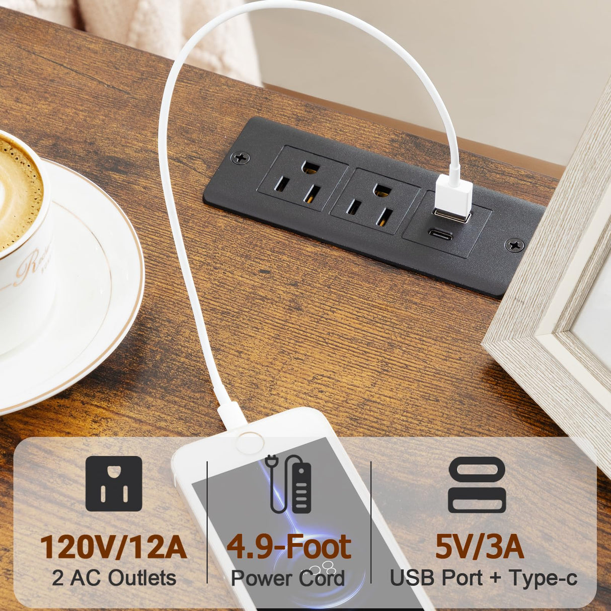 LOAKEKEL Night Stand Set 2, LED Nightstand with Charging Station, End Tables with Storage Shelf, Bedside Table with 2 Fabric Drawers for Bedroom, Small Spaces, Rustic Brown HETS02PBR LOAKEKEL