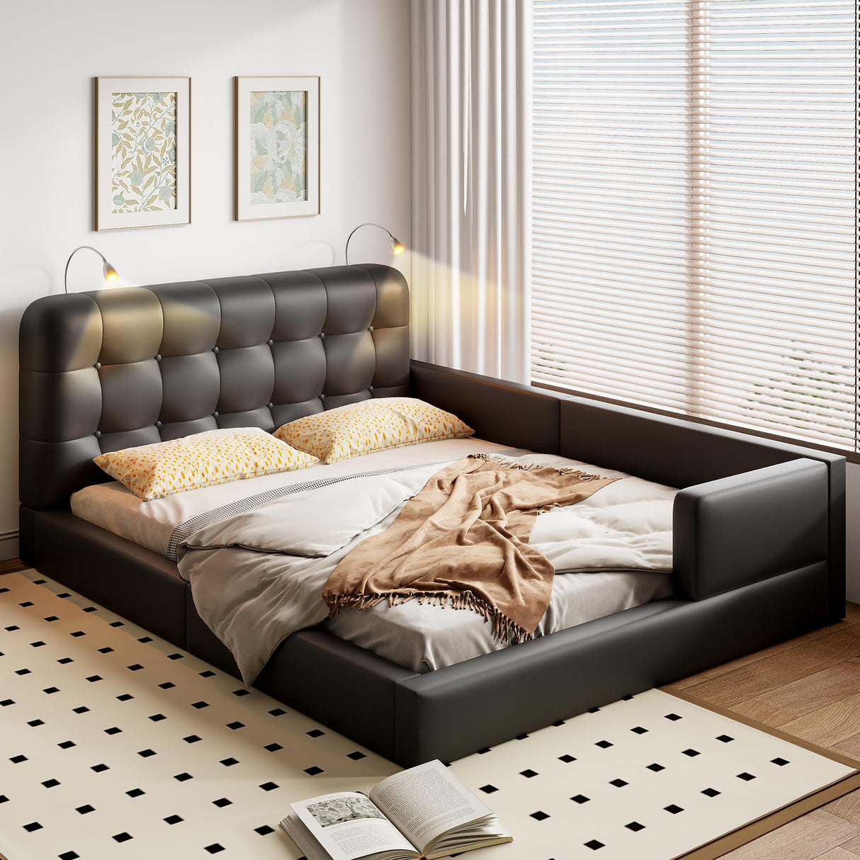 Merax Modern Tufted Plattform Bed with Headboard, Queen PU Leather Floor Day Bed Frame, No Box Spring Needed Black Merax