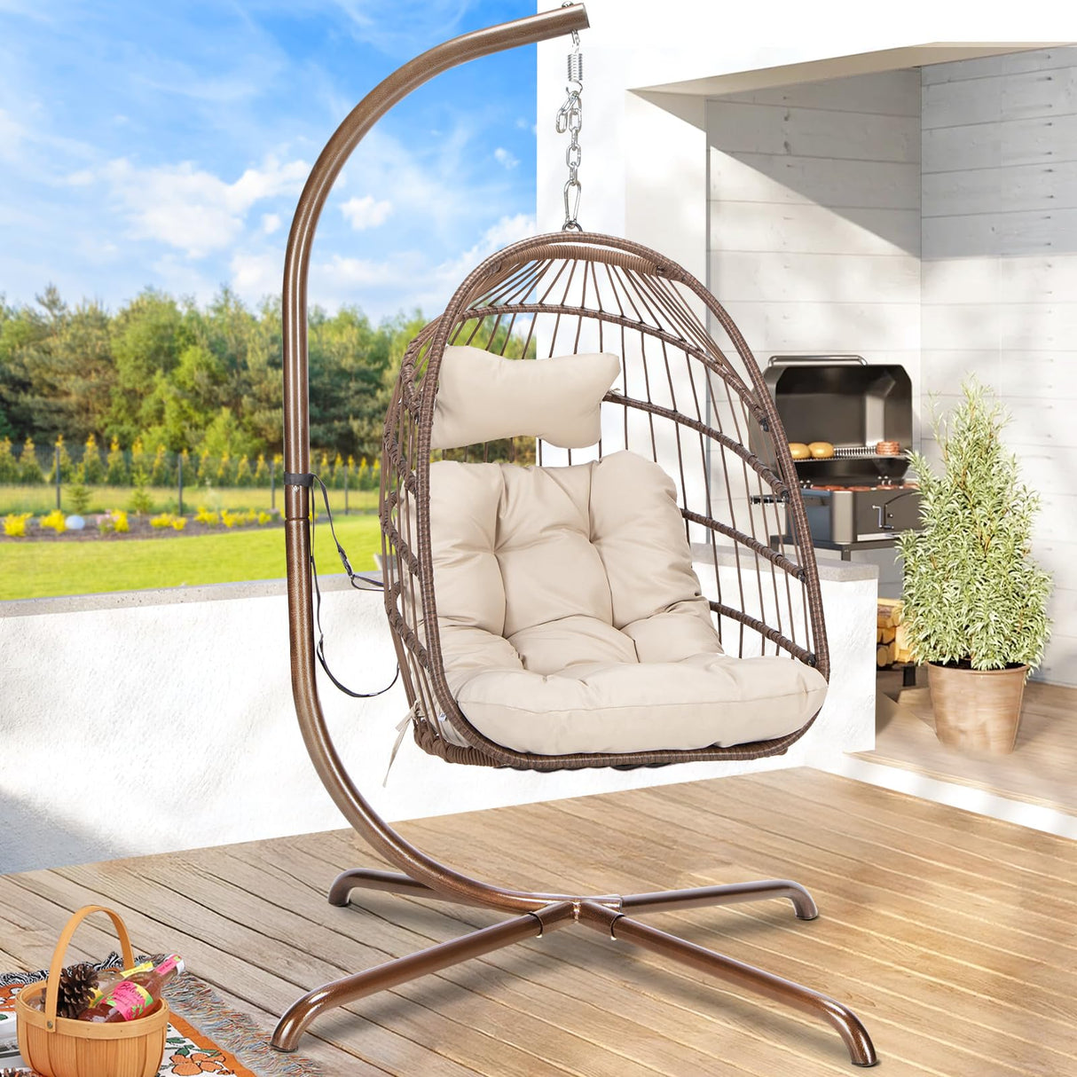RADIATA Wicker Egg Swing Chair with Stand for Outside, Outdoor Comfy Hanging Egg Patio Chairs with Thick Cushion, 350Lbs Durable Swinging Rattan Chair for Bedroom Porch Backyard Balcony, Brown, Tan RADIATA