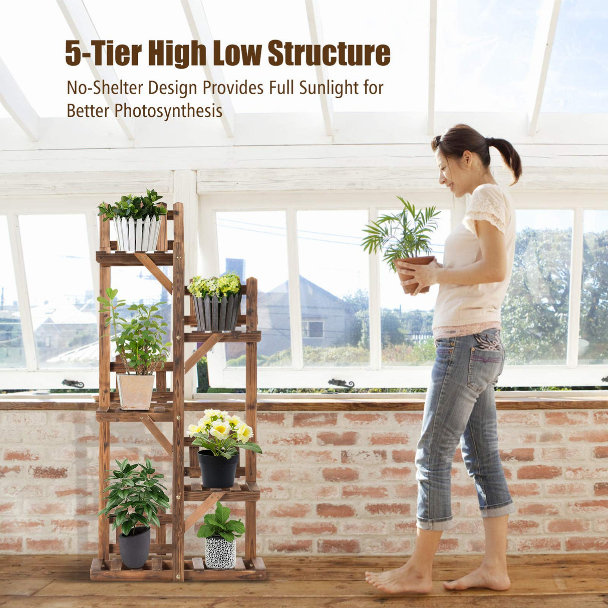 Giantex Wood Plant Stand Rack 5 Tier 6 Potted, Multiple Plant Stand Flower Pots Holder Display Shelf Rack Planter Indoor Outdoor for Garden Corner Balcony Patio Living Room Giantex