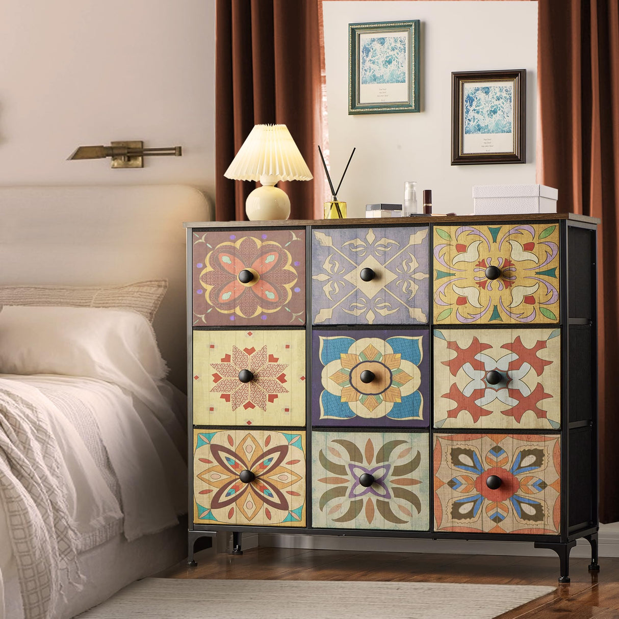 EnHomee Dresser for Bedroom with 9 Drawers Boho Dressers & Chest of Drawers Fabric 9 Drawer Dresser for Closet, Entryway, Hallway, Wooden Top EnHomee