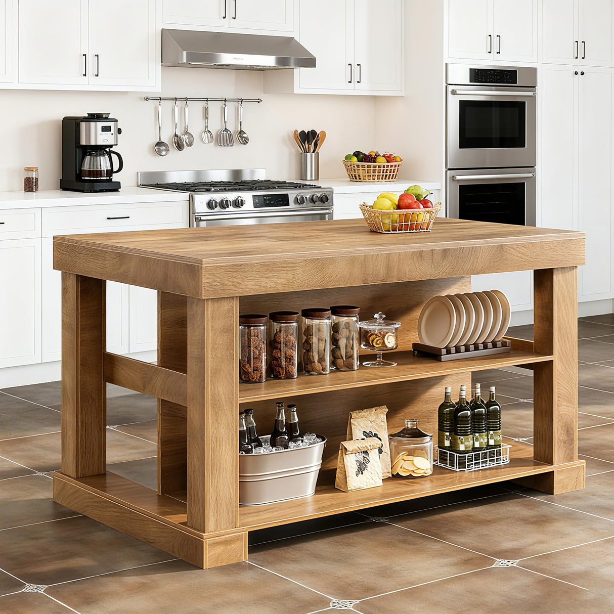 Tribesigns Kitchen Island with Storage, 55-Inch Farmhouse Stationary Island Table with Large Countertop, 3-Tier Wooden Coffee Bar Table for Kitchen, Dining Room, Rustic Brown Tribesigns