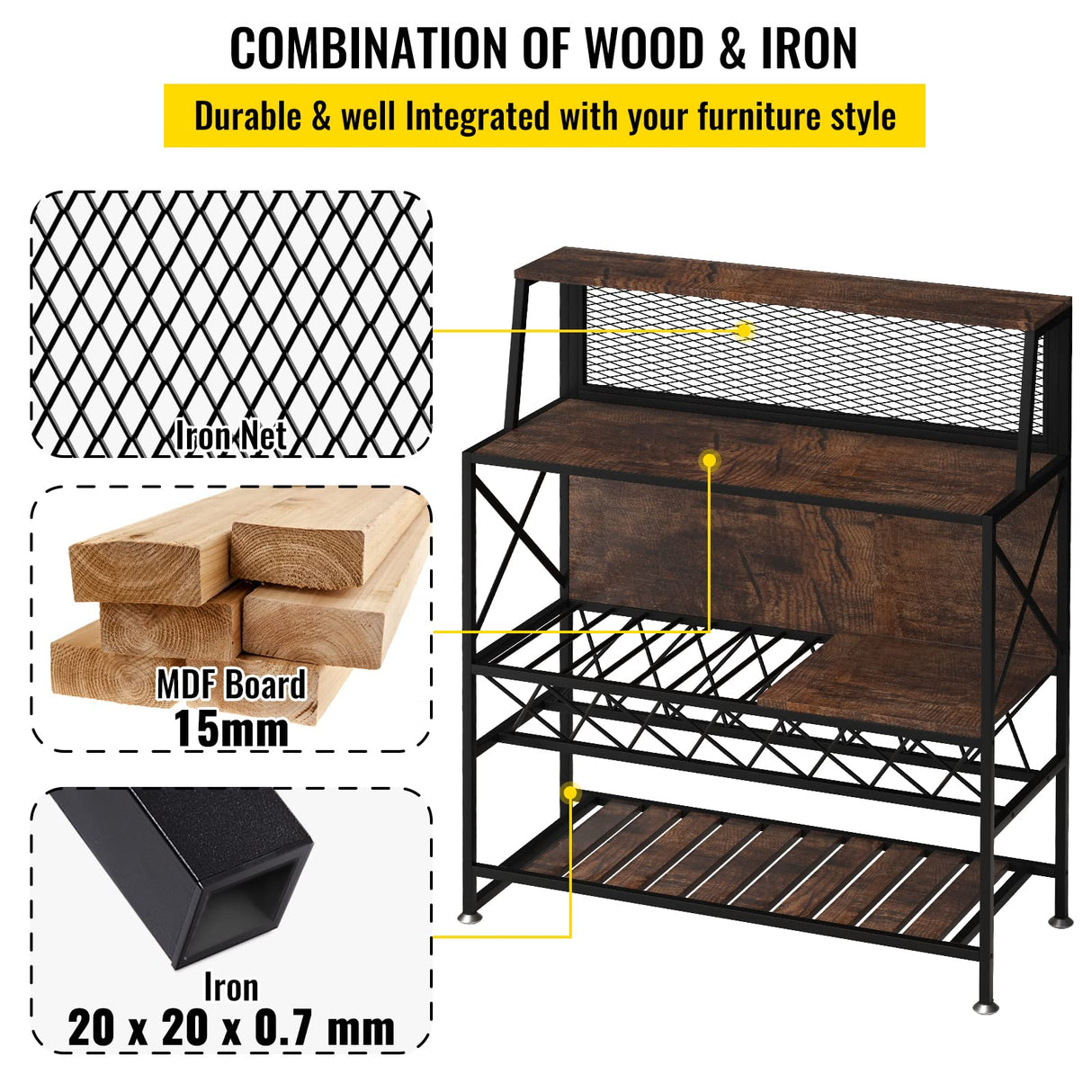 Industrial Rustic Brown Wine Rack and Home Bar Table with Glass Holder by VEVOR VEVOR