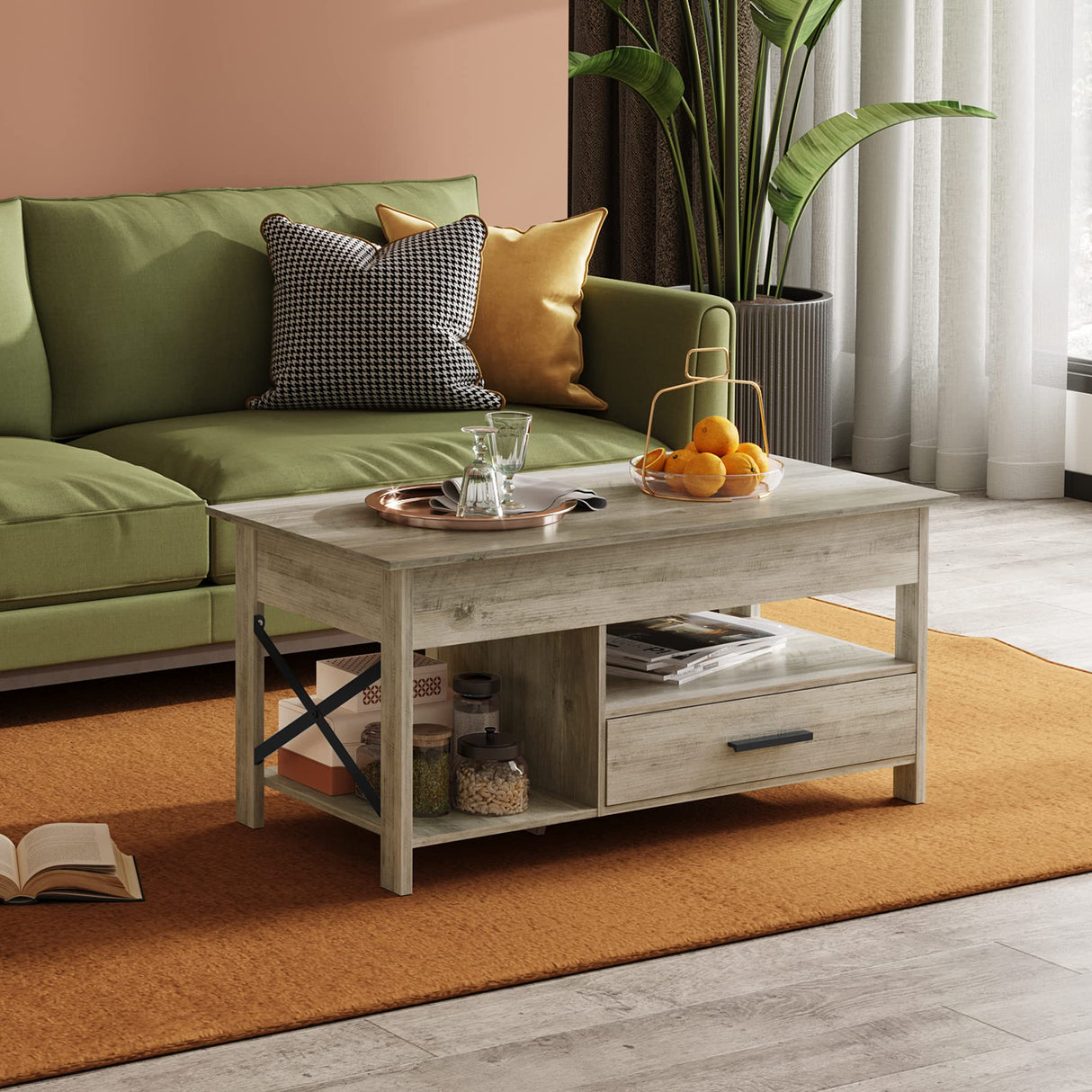 WLIVE Lift Top Coffee Table for Living Room,Coffee Table with Storage,Hidden Compartment and Metal Frame, Central Table for Reception Room,Grey WLIVE
