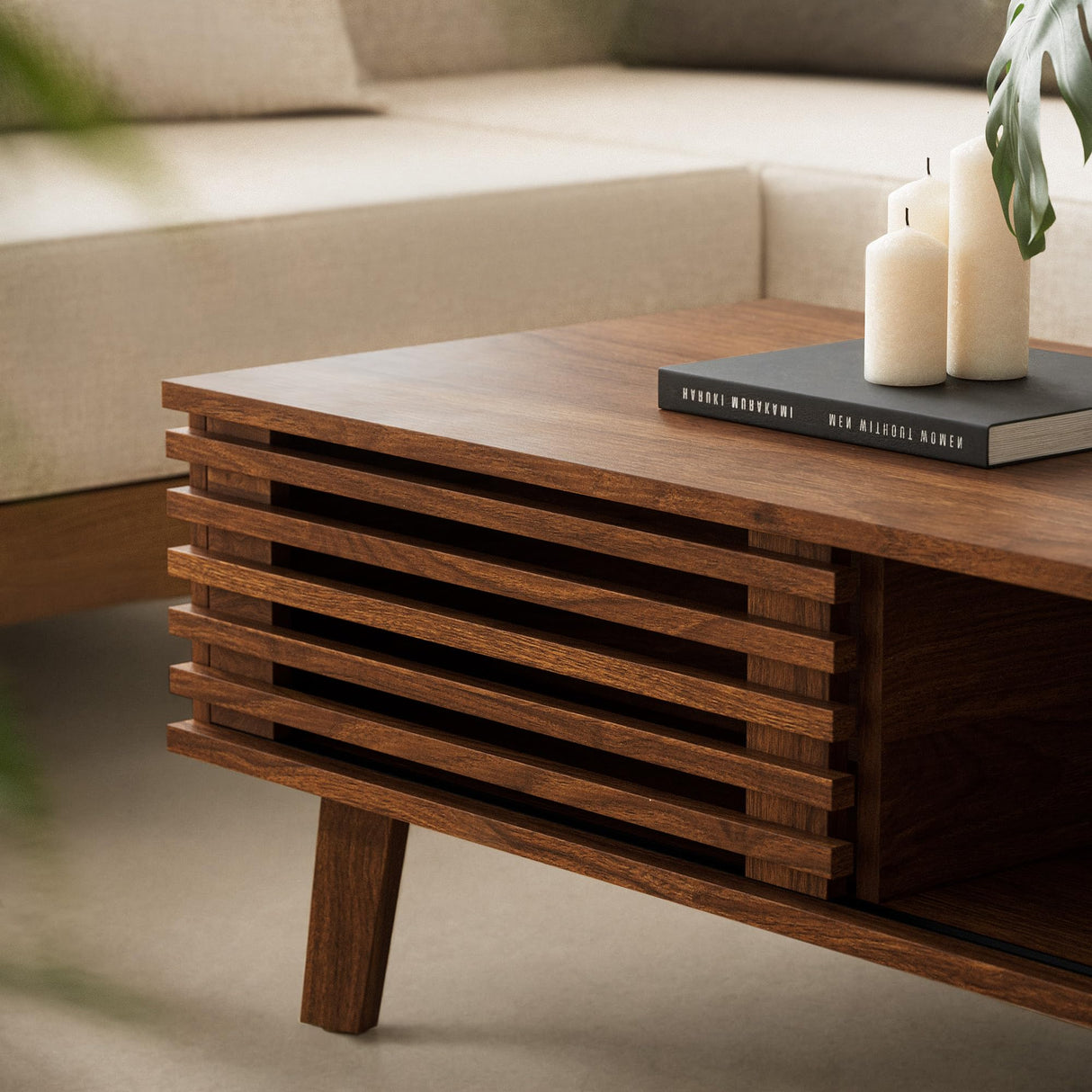 MAISONARIA Mid Century Coffee Table with Storage & Sliding Fence Door, Modern Coffee Tables for Living Room, Walnut Finish MAISONARIA