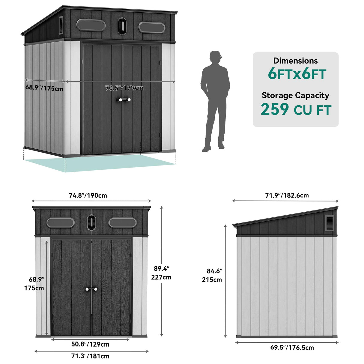 YITAHOME 6x6 ft Outdoor Resin Storage Shed, Waterproof Garden Shed with Windows, Floor, Double Doors, Weather-Resistant Lockable Tool Organizer for Outdoor Tools, Supplies, Bikes, Gray YITAHOME