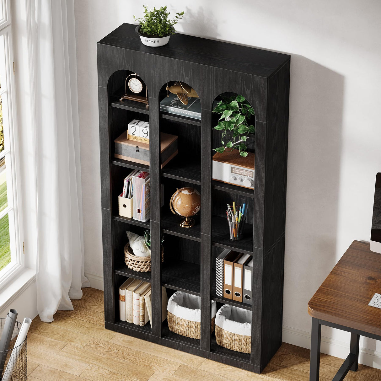 Tribesigns 5-Tier Farmhouse Arched Bookshelf, 70.87-Inch Mid Century Modern Bookcase with Open Shelves, Tall Book Shelf Gothic Display Storage Shelving Unit for Home Office, Black Tribesigns