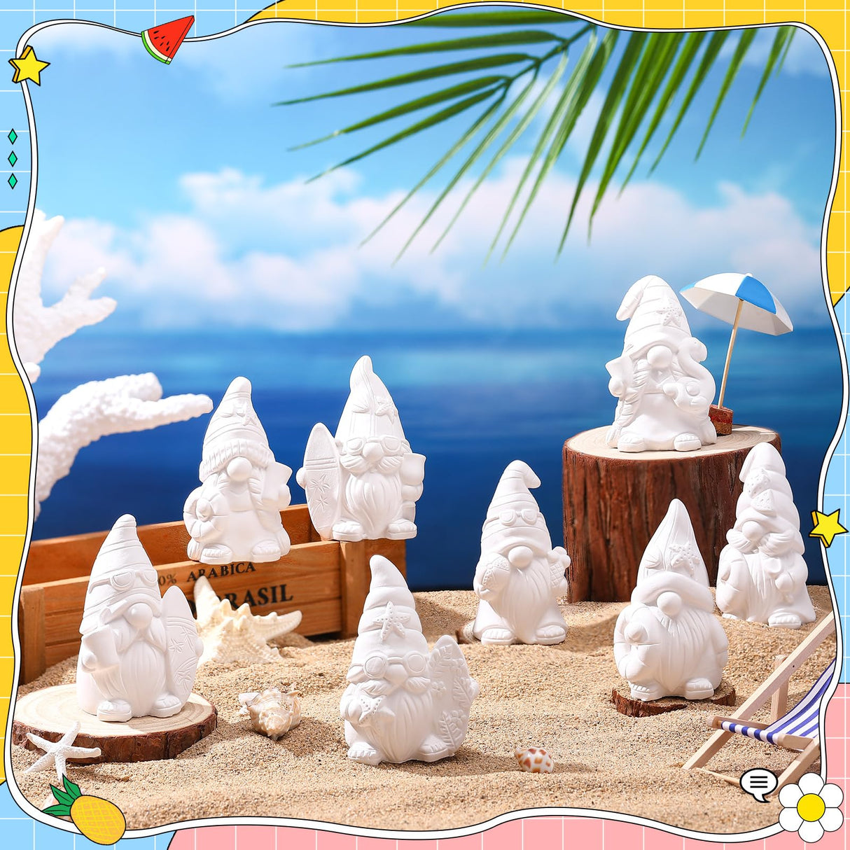 PullCrease 8 Pcs Ready to Paint Your Own Gnome Figurines Unpainted Plaster Crafts with Brush Palette Paint for Boys Adults Girls (Summer), Medium PullCrease