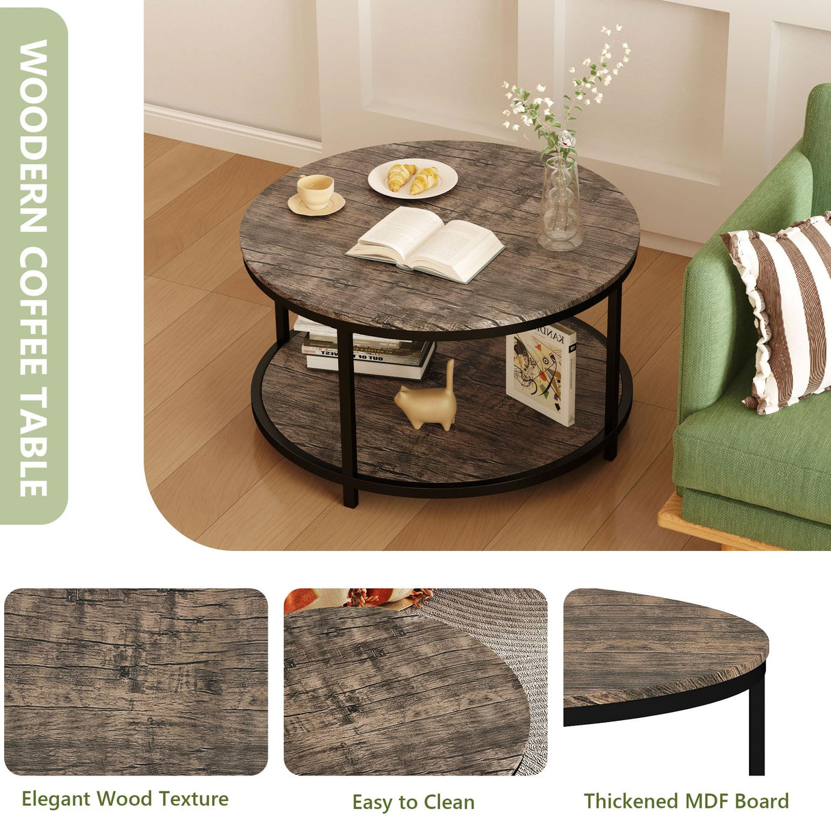 ROCSUMOO 33.5”Coffee Table for Living Room, Round Coffee Table with 2-Tier Storage Shelf, Wood Side Table Modern Open Storage for Bedroom Home Office (Round, Walnut) ROCSUMOO