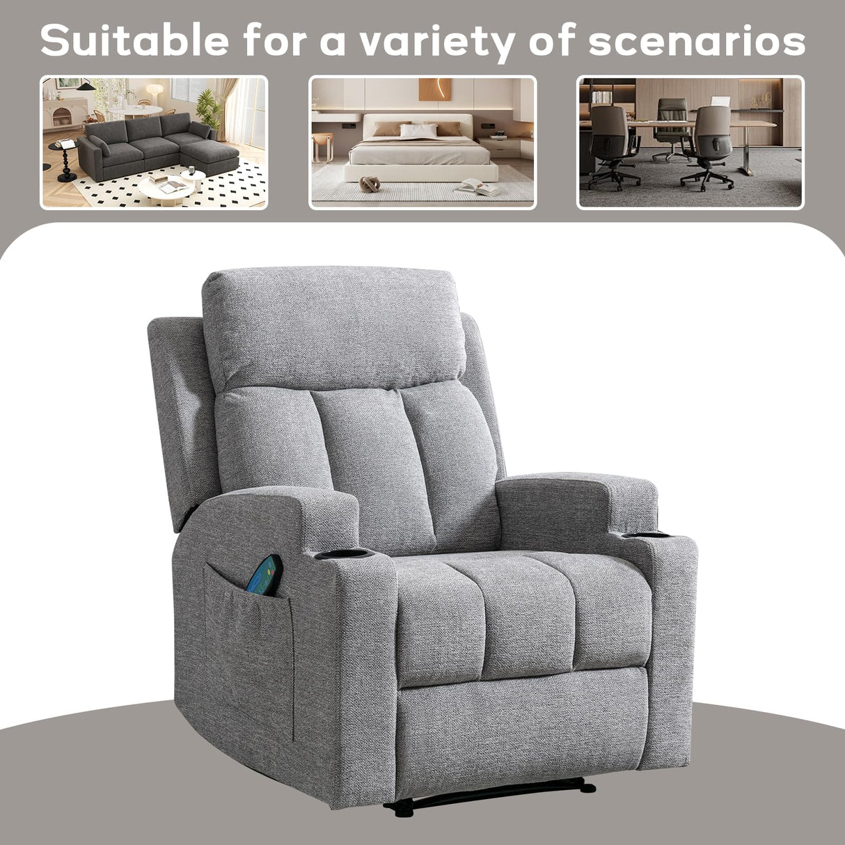 CANMOV Manual Recliner Chair with Massage and Heat,Comfy Recliner Chair Sofa with Overstuffed Arms and Back, Manual Reclining Single Sofa with 2 Cup Holders, Side Pocket for Living Room,Grey CANMOV