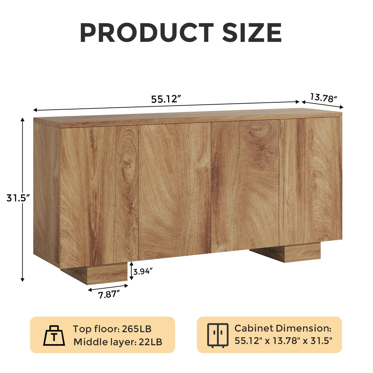 Condemo Sideboard Buffet Cabinet with Storage, Farmhouse Coffee Bar Cabinet with 4 Doors & Adjustable Shelves for Living Room, Kitchen, Hallway, Oak Condemo