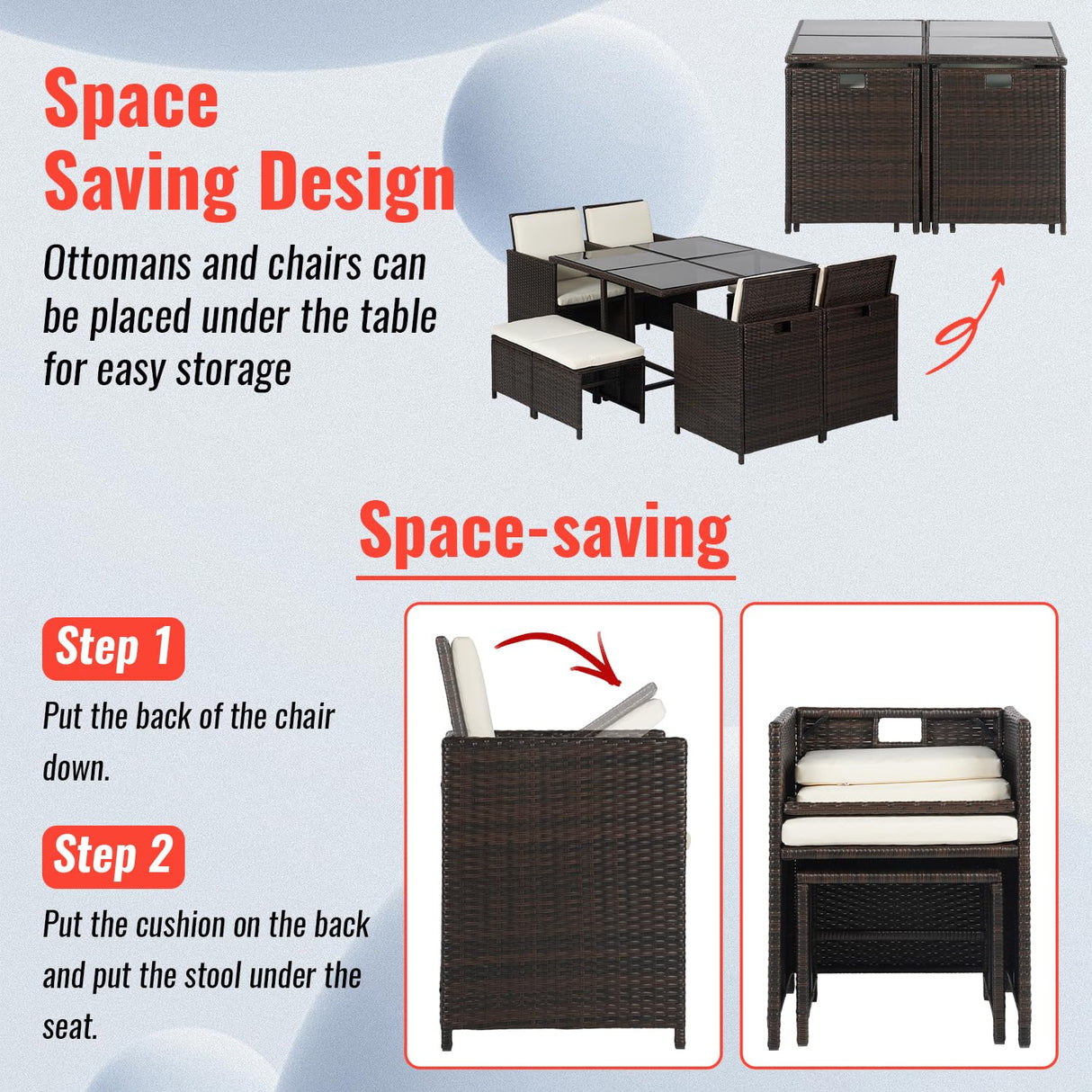 Outdoor Patio Furniture Set 9 Pieces Patio Dining Sets Space Saving Wicker Furniture with 4 Rattan Chairs 4 Ottomans and Glass Table for Outdoor Backyard Porch Poolside Balcony,Khaki Cushion PayLessHere