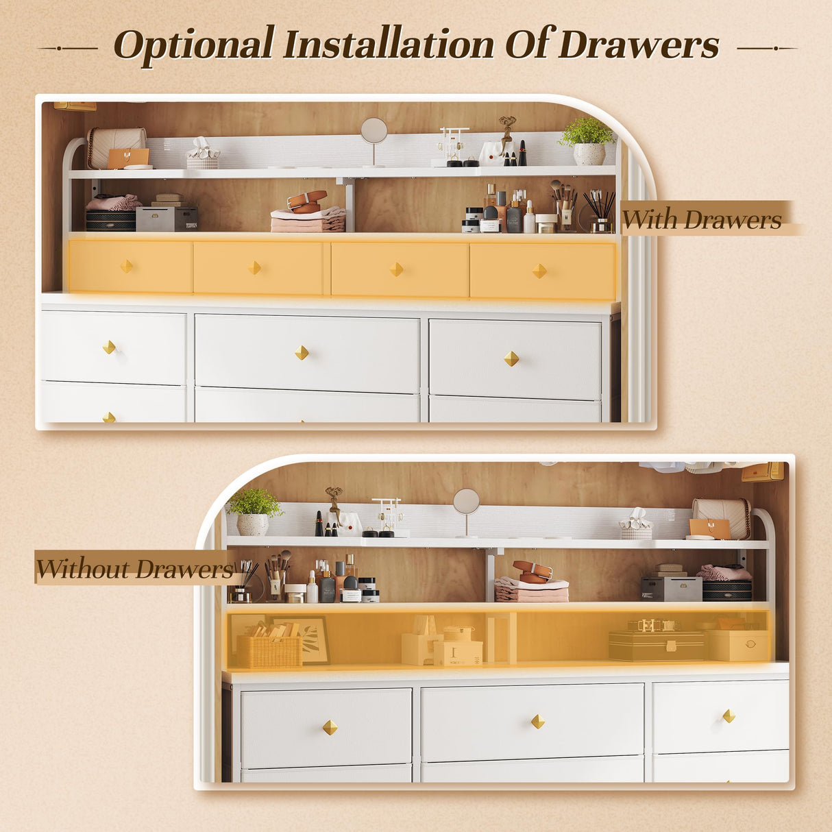 EnHomee 51.2" W White Dresser with 13 Drawers and LED Lights, White Dresser for Bedroom with Fabric Drawer, Long Dressers & Chests of Drawers, Dresser for Bedroom with Shelves for Closet EnHomee