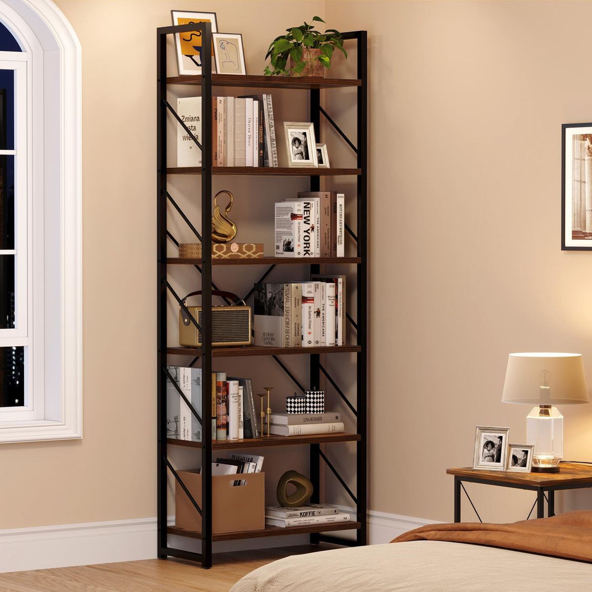 YITAHOME Rustic Brown 6-Tier Industrial Bookshelf - Open Display Storage Rack for Home and Office YITAHOME