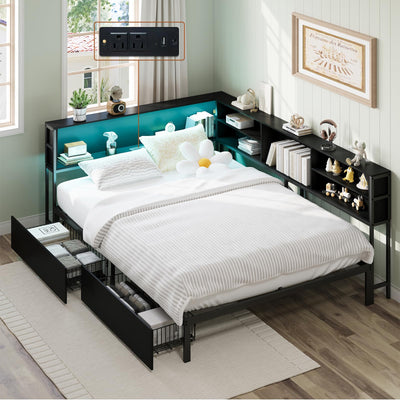 AILUNWALL Corner Bed Frame with Storage Drawers, Twin Size Metal Platform Bed Frames with LED Lights & Charging Station, Daybed with Bookcase for Living Room, Bedroom, Guest Room, Black