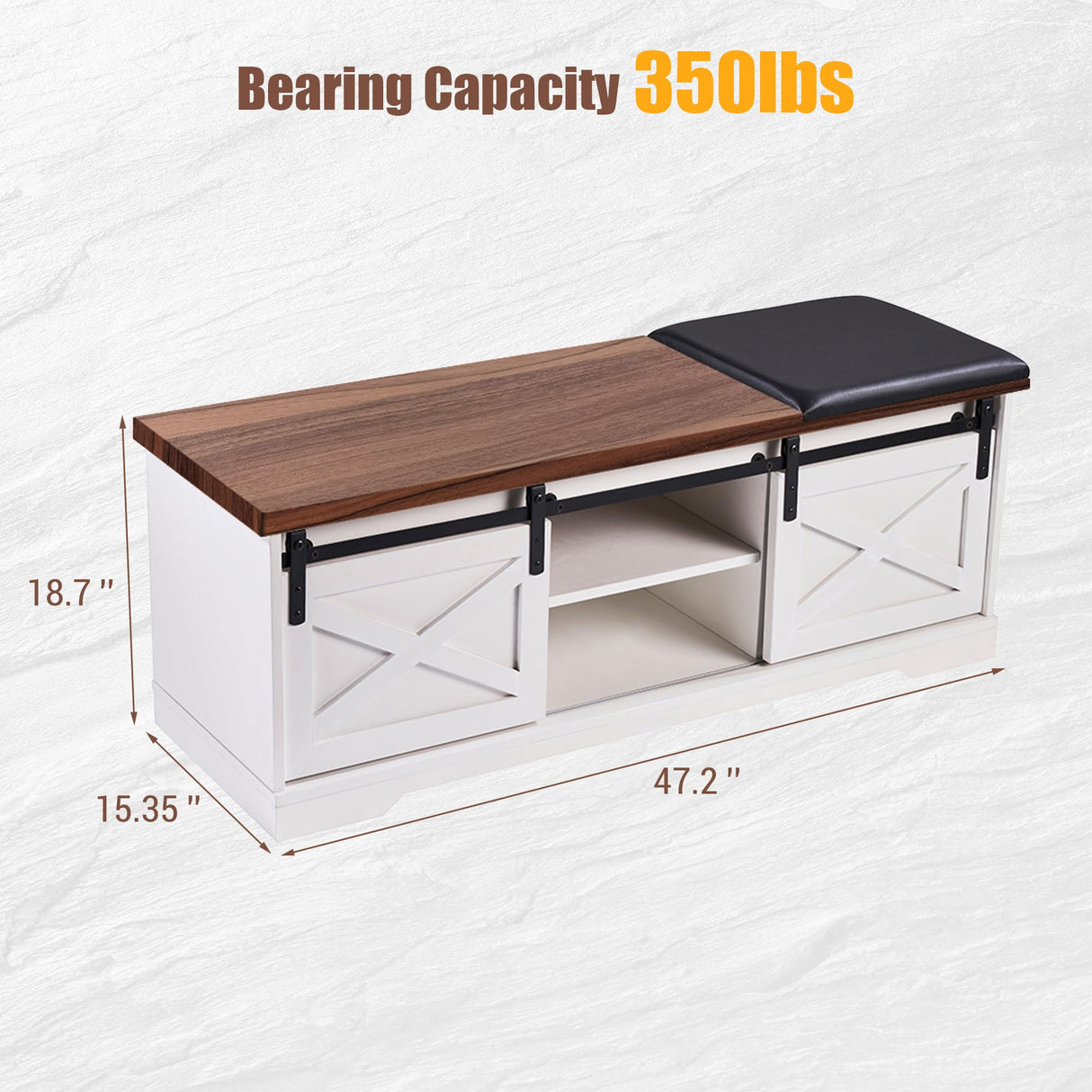 IDEALHOUSE 47'' Farmhouse Shoe Storage Bench with Padded Seat Cushion, End of Bed Entryway Bench with 2 Barn Doors, Adjustable Shelf for Entryway, Living Room, Bedroom White IDEALHOUSE