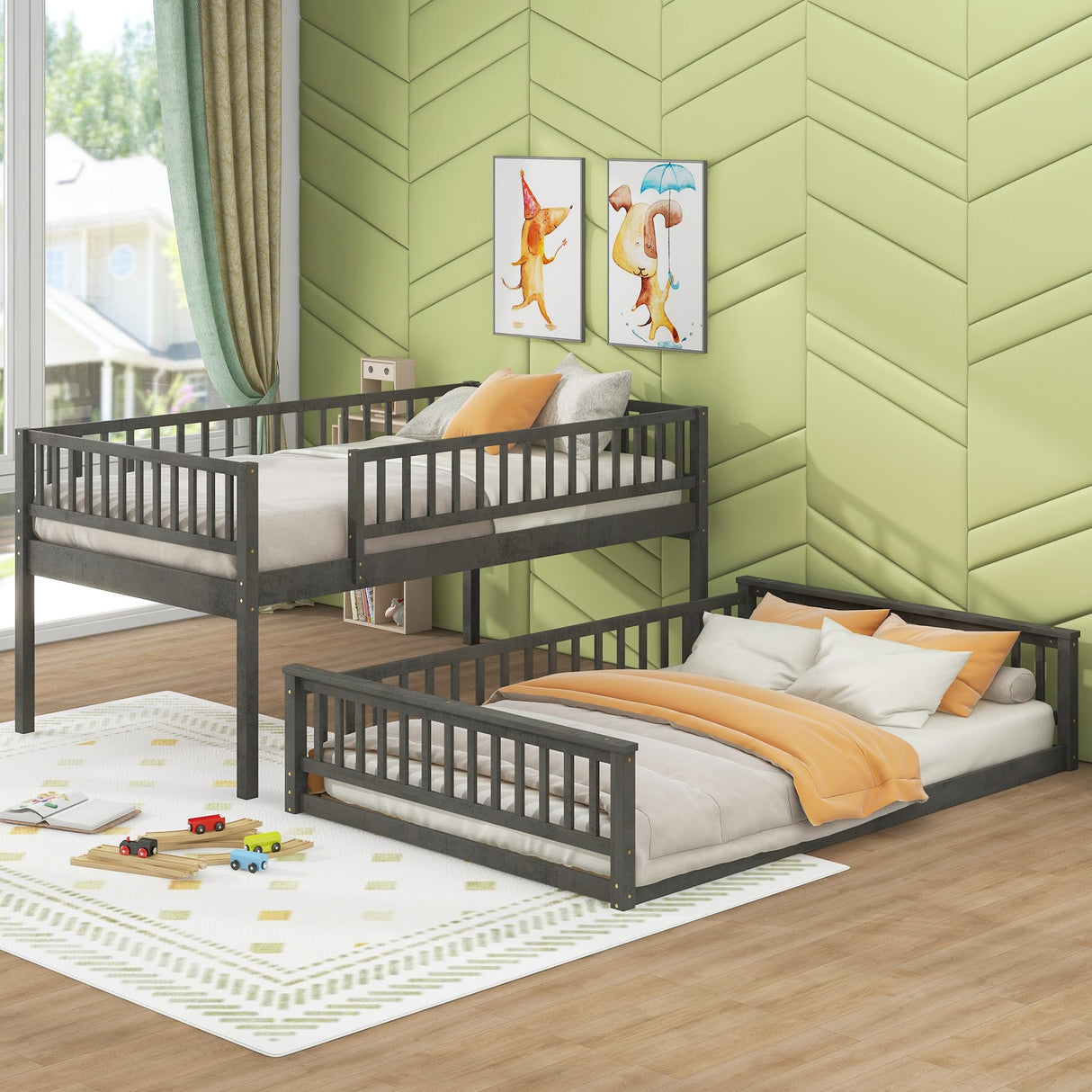 SOFTSEA Full XL Over Queen Bunk Bed, Wood Floor Bunk Bed with Safety Guardrails & Wide Ladder for Kids Teens Adults, Detachable Bunk Bed into 2 Beds, Grey SOFTSEA