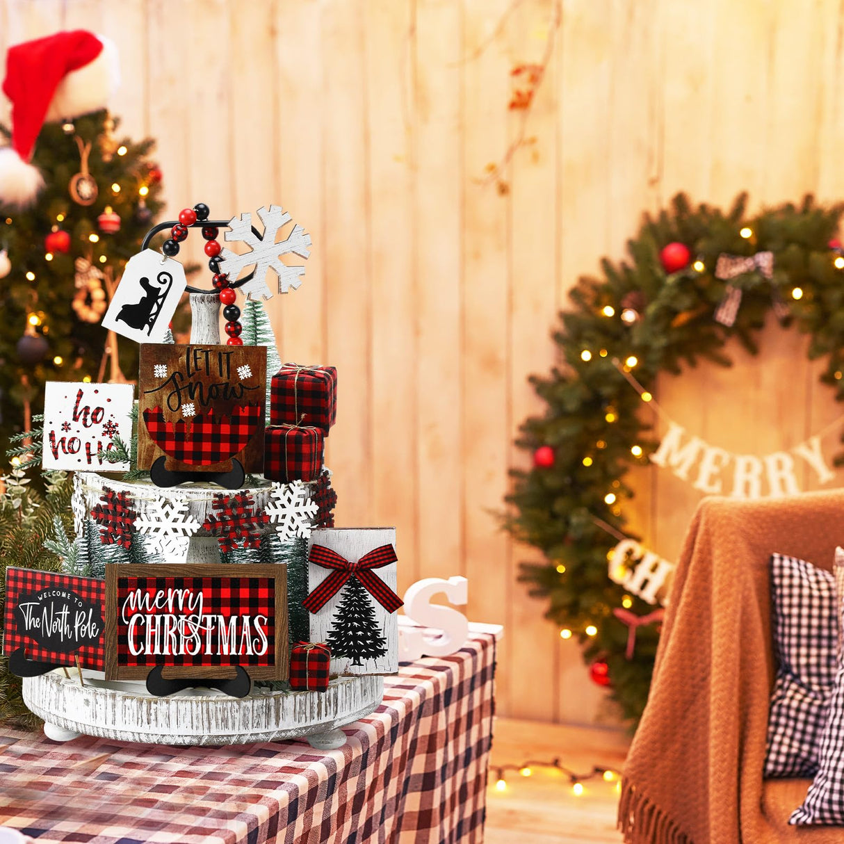 GlikCeil 20 Pcs Rustic Christmas Tiered Tray Decor Red and Black Buffalo Plaid Wooden Tiered Tray Decor for Farmhouse Christmas Winter Snowflake Wooden Table Centerpiece Sign Xmas Gift for Home Shelf GlikCeil