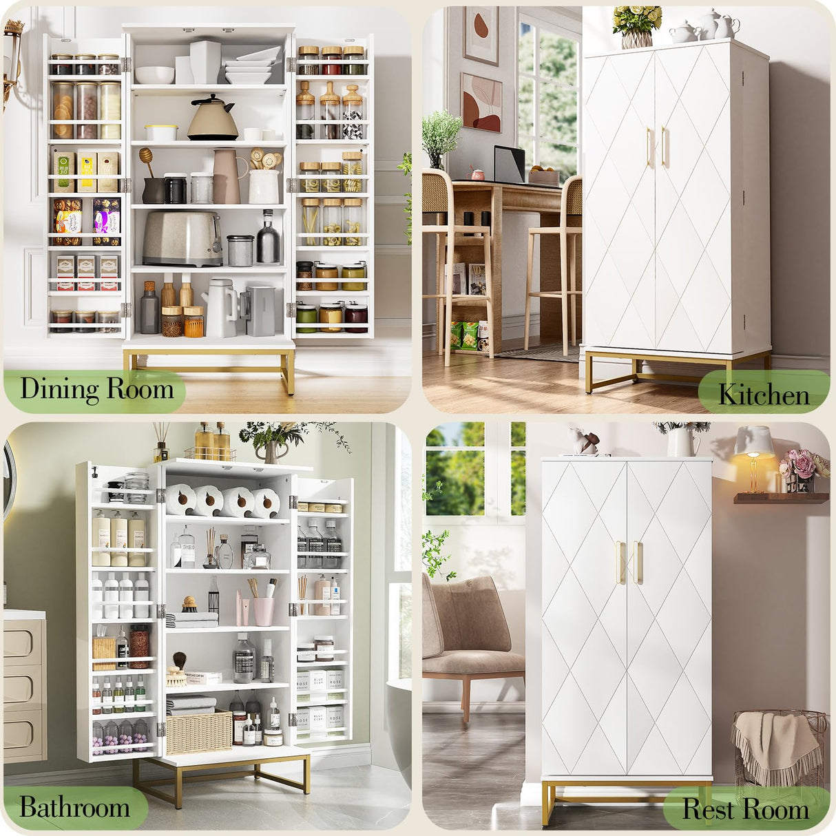 kepptory 51” Pantry Cabinets, White Freestanding Kitchen Pantry Storage Cabinet with Adjustable Shelves, Buffet Cupboards Storage Cabinet for Home Office Use, White + Gold kepptory