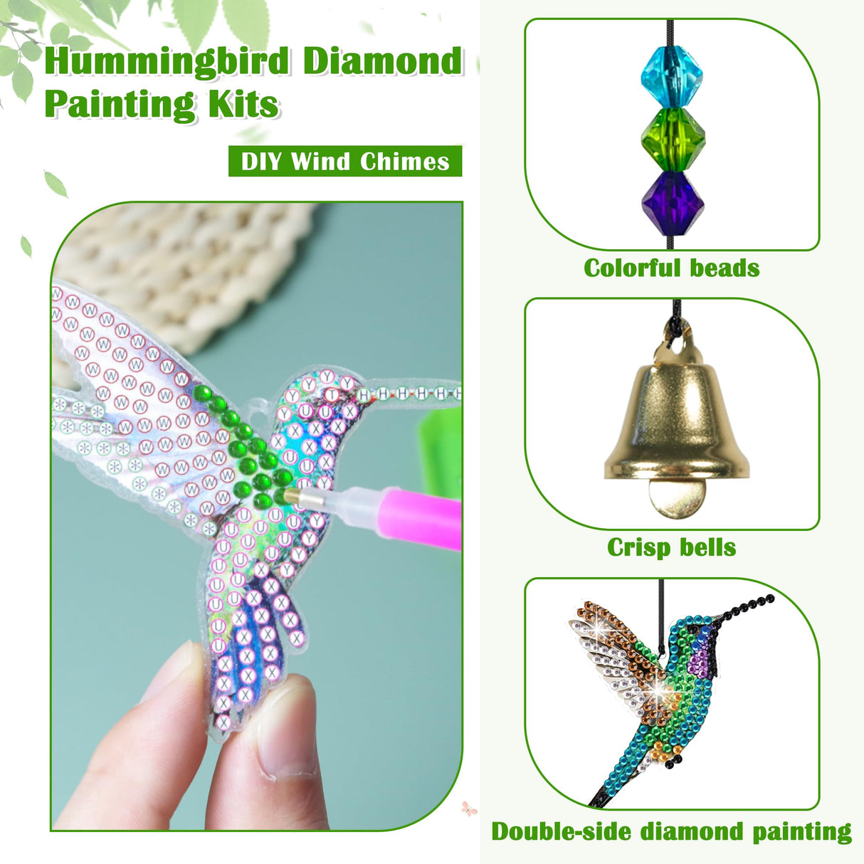 Vcekract Diamond Painting Kits, Hummingbird Diamond Art Wind Chimes, Diamond Art Kits for Adults, Adult Craft Kits for Garden Decor Vcekract